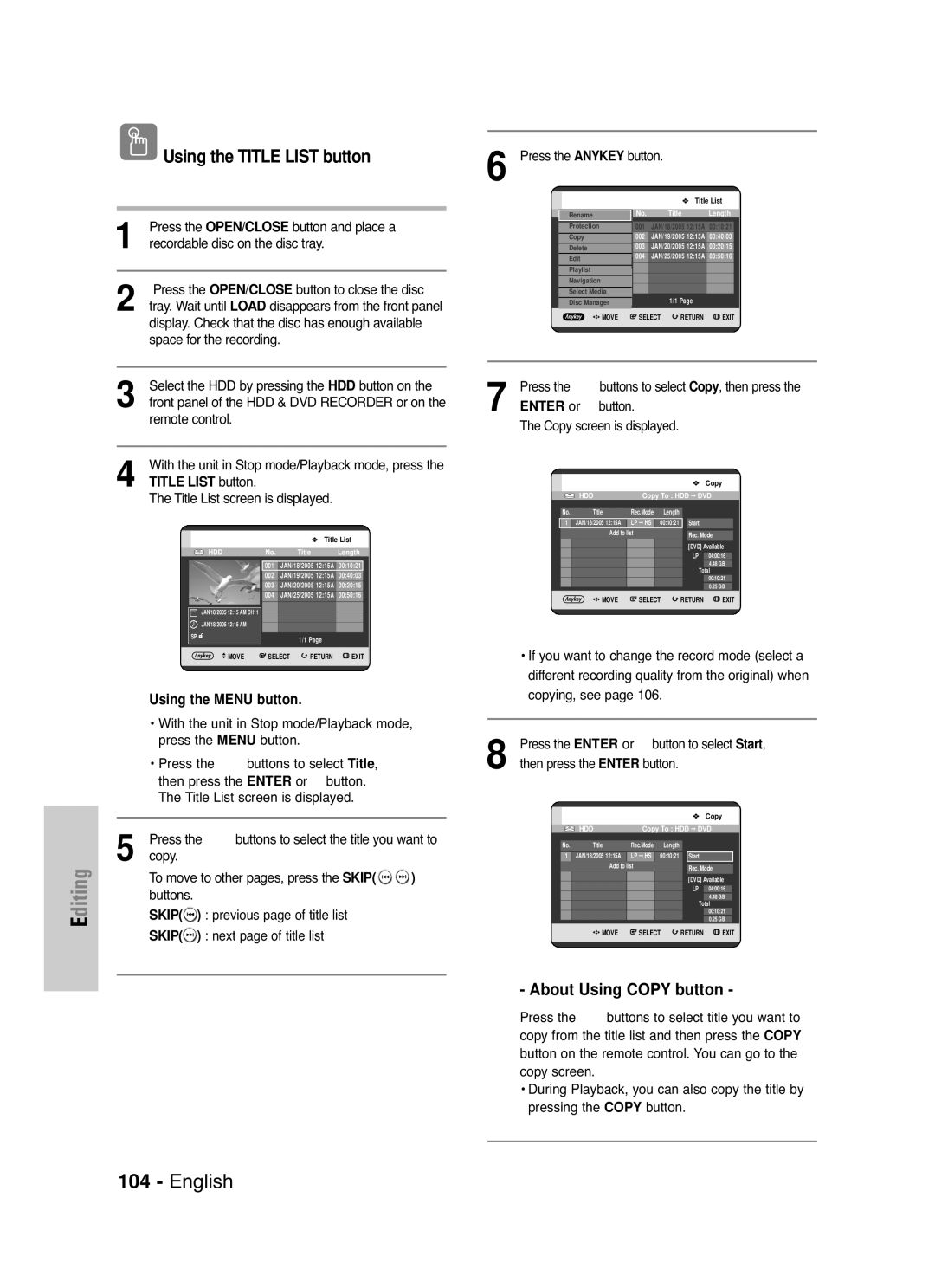 Samsung DVD-HR720 instruction manual About Using Copy button 