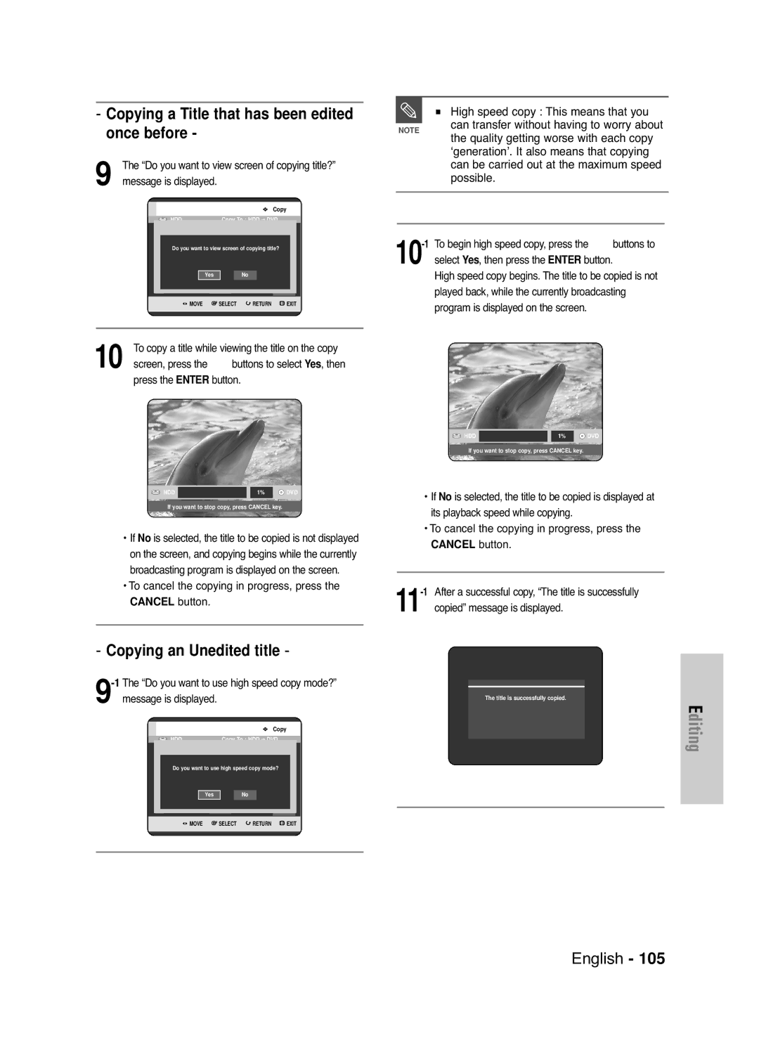 Samsung DVD-HR720 Copying a Title that has been edited, Once before, High speed copy This means that you, Possible 