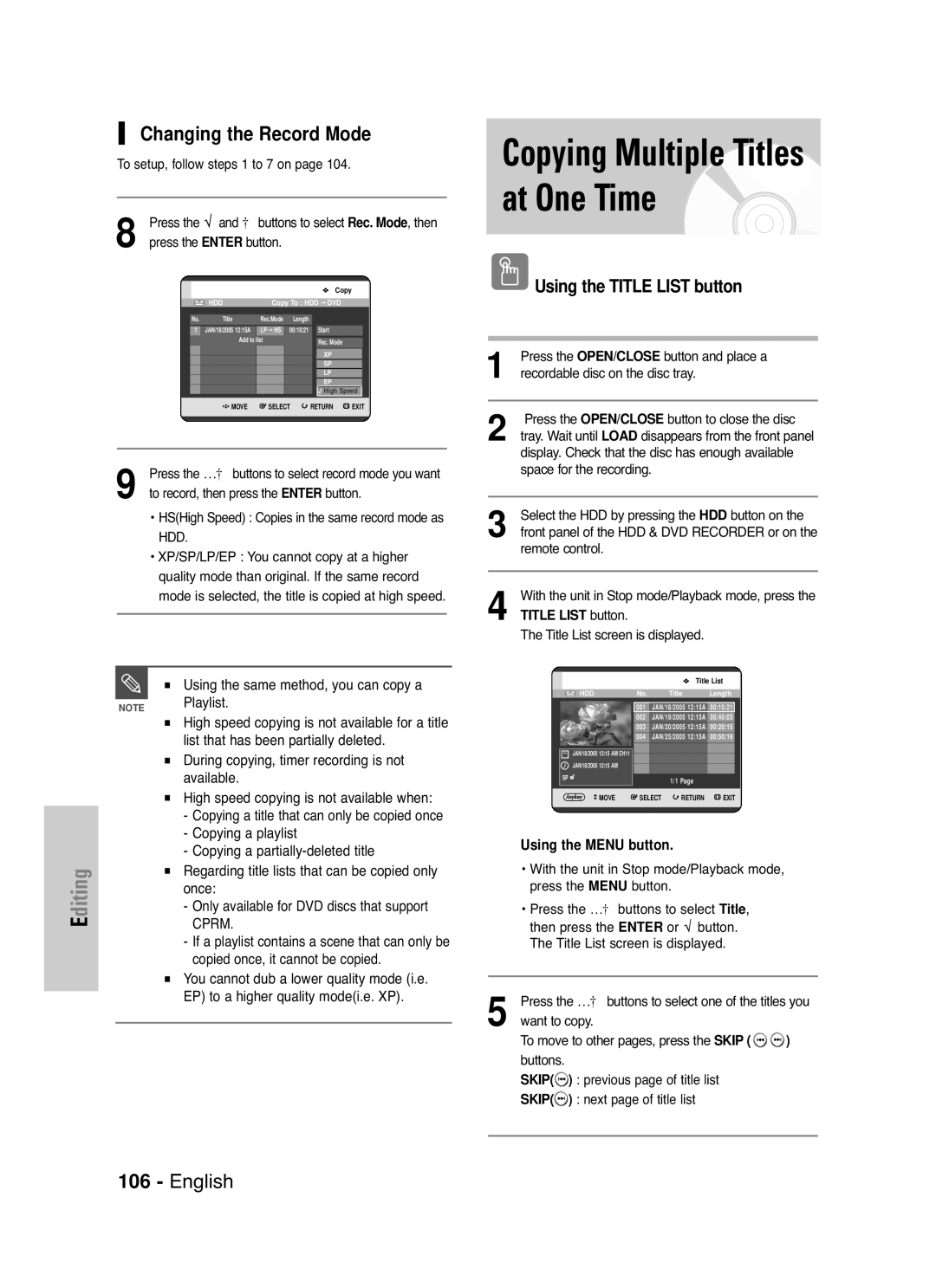 Samsung DVD-HR720 instruction manual Copying Multiple Titles at One Time, Changing the Record Mode, Playlist, Then 