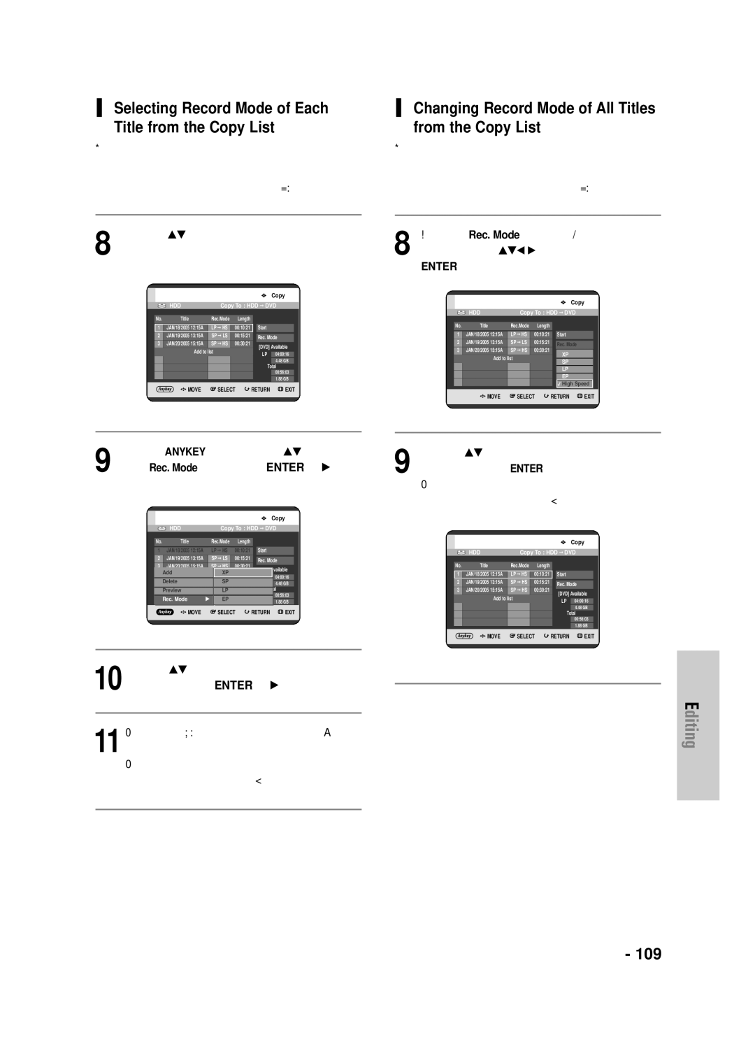 Samsung DVD-HR720 Selecting Record Mode of Each Title from the Copy List, Button. Press the …† buttons to 