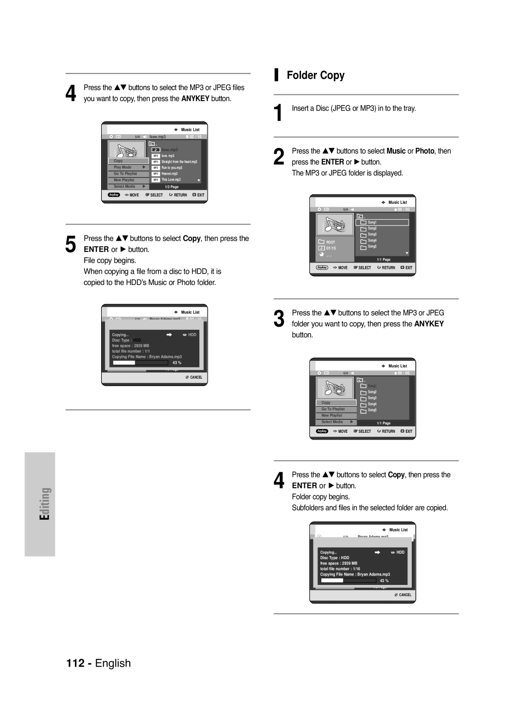 Samsung DVD-HR720 Folder Copy, File copy begins, Insert a Disc Jpeg or MP3 in to the tray, MP3 or Jpeg folder is displayed 