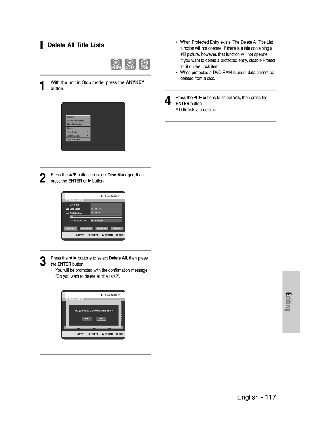 Samsung DVD-HR720 Delete All Title Lists, All title lists are deleted, Do you want to delete all title lists? 