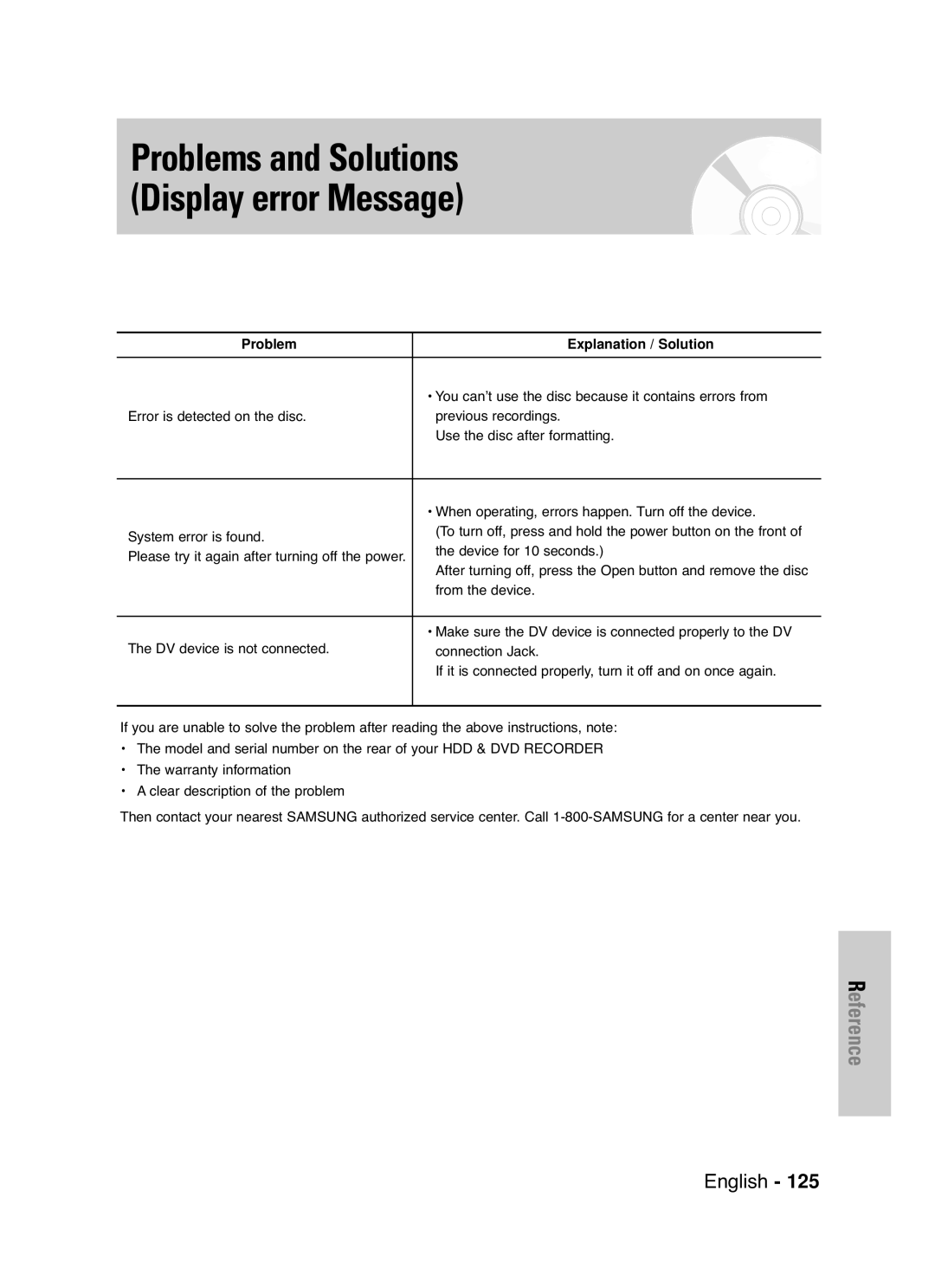 Samsung DVD-HR720 instruction manual Problems and Solutions Display error Message, Problem Explanation / Solution 