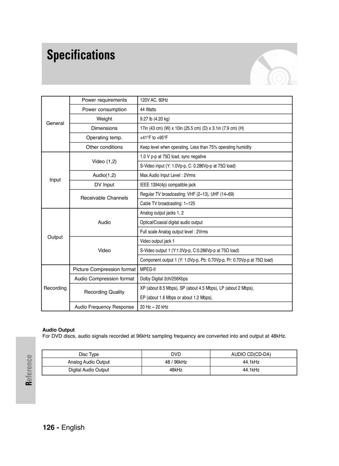 Samsung DVD-HR720 instruction manual Specifications, Picture Compression format, 20 Hz ~ 20 kHz, Audio Output 