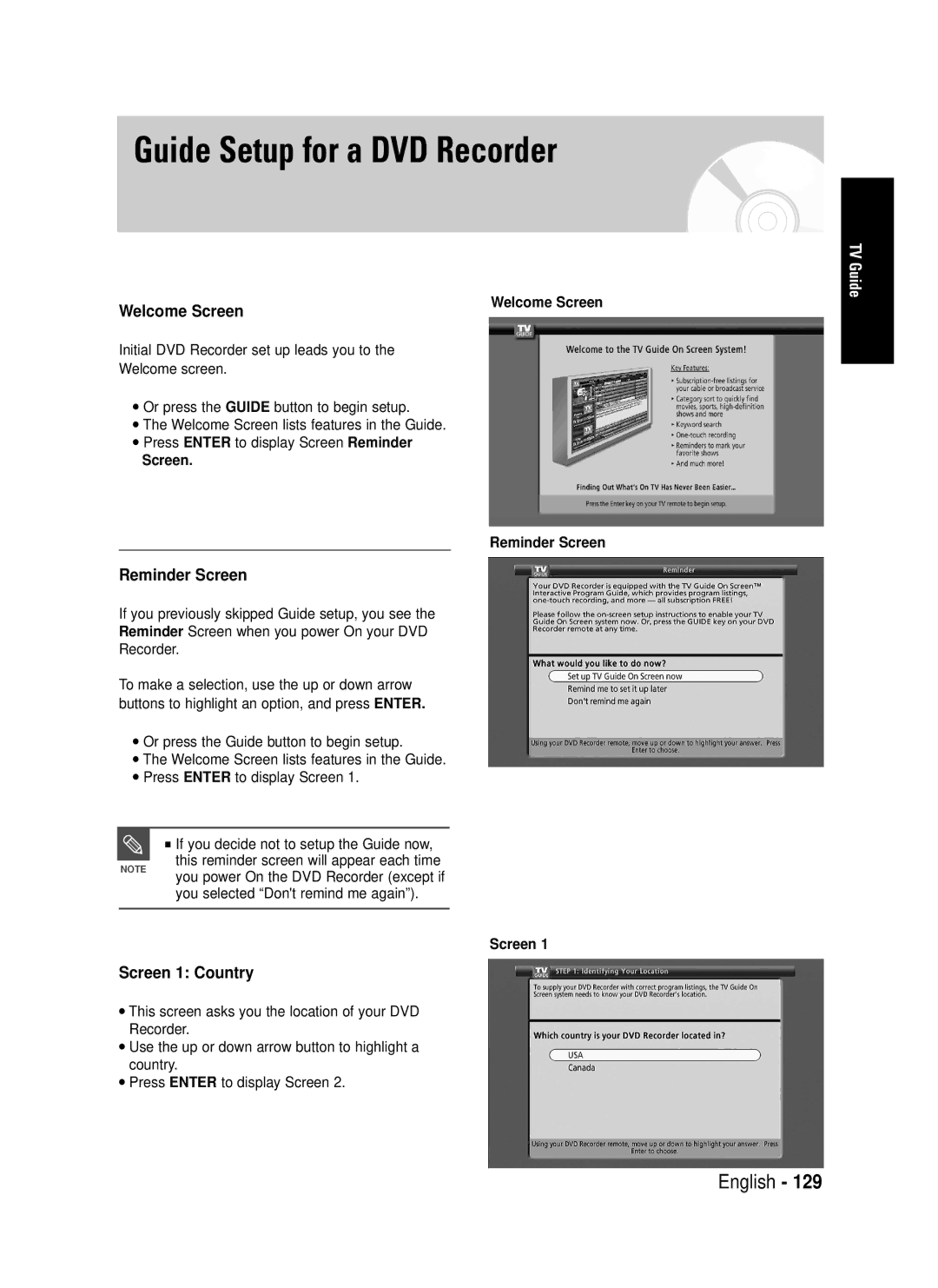 Samsung DVD-HR720 instruction manual Guide Setup for a DVD Recorder, Welcome Screen, Reminder Screen, Screen 1 Country 