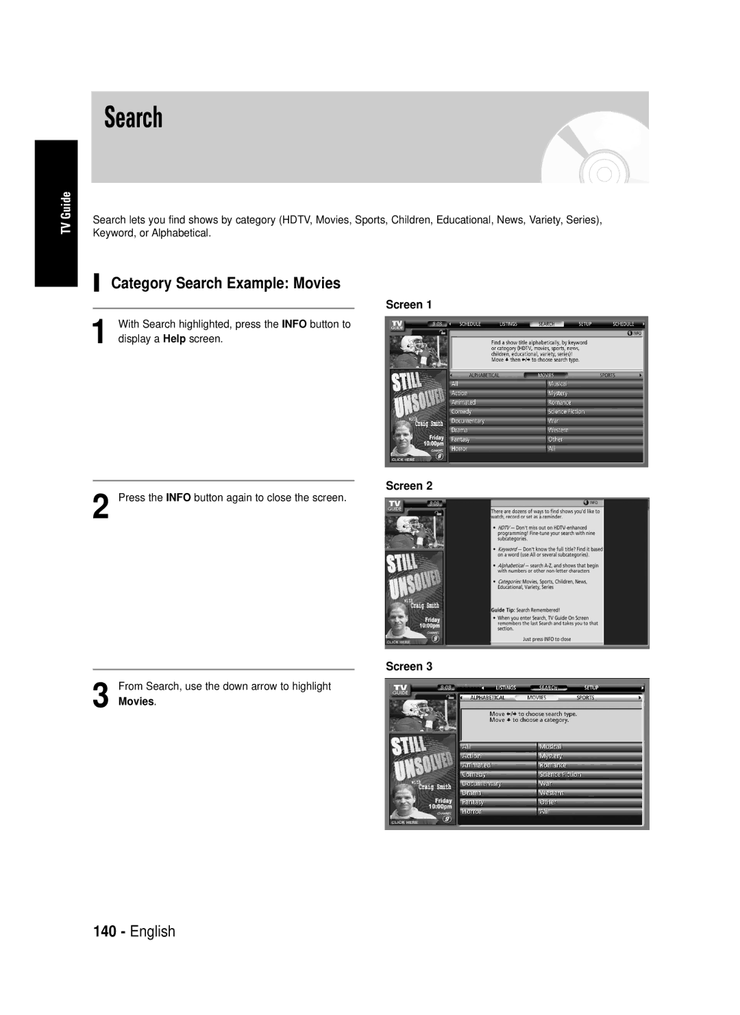 Samsung DVD-HR720 instruction manual Category Search Example Movies, Press the Info button again to close the screen 