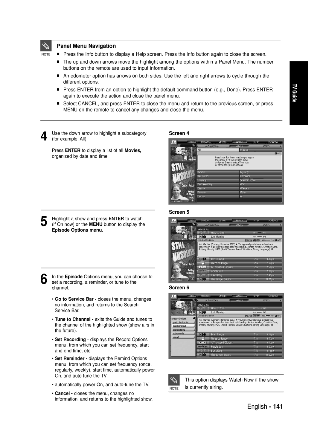 Samsung DVD-HR720 instruction manual Panel Menu Navigation, For example, All, Episode Options menu 