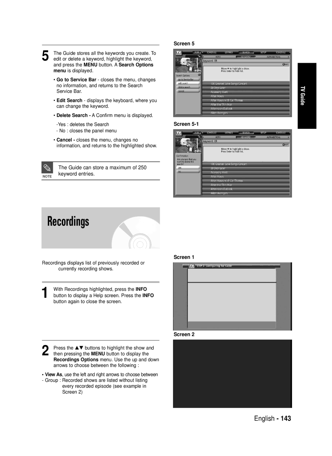 Samsung DVD-HR720 instruction manual Recordings, Guide can store a maximum of 250 keyword entries 