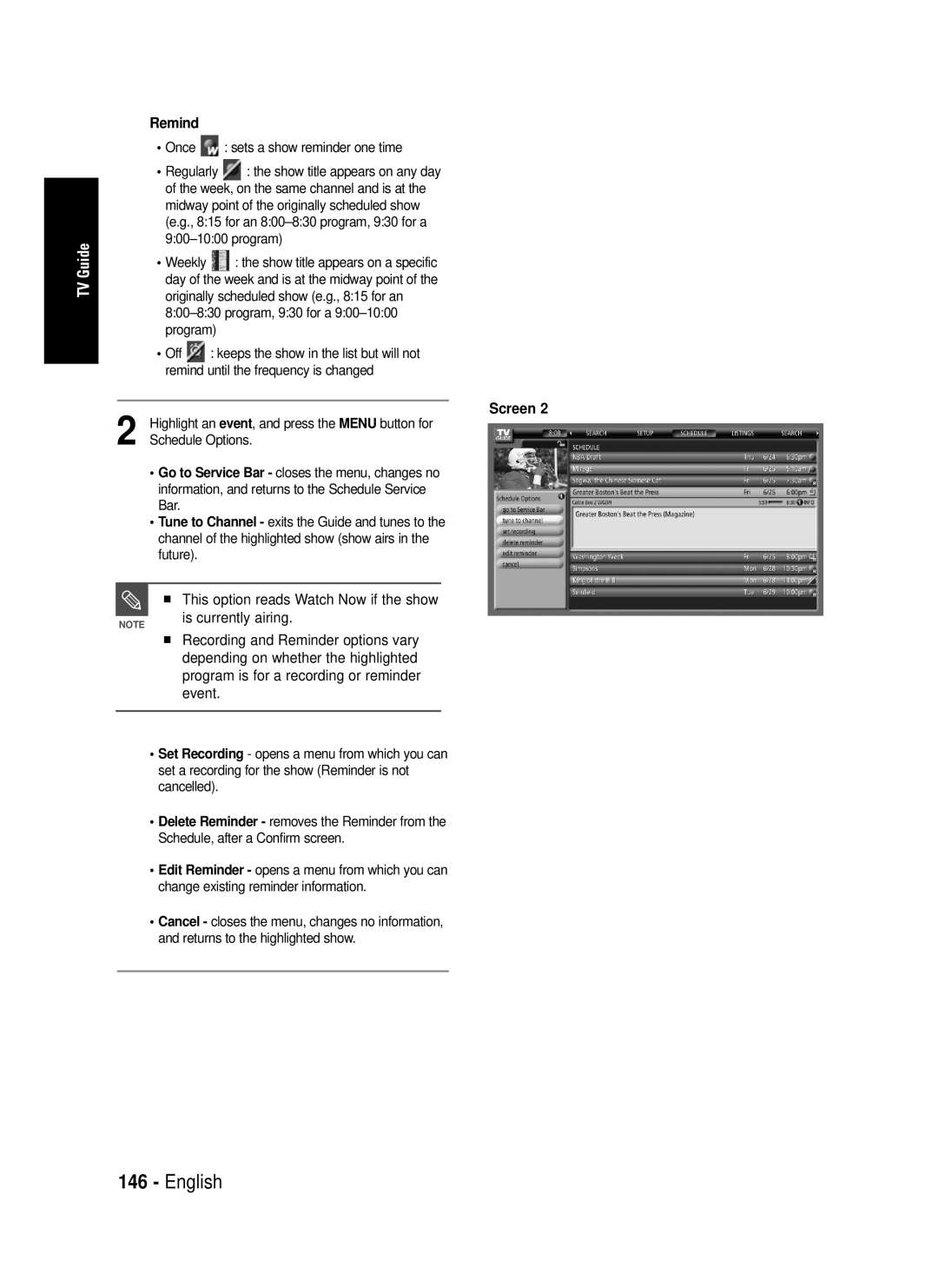 Samsung DVD-HR720 Once, Remind until the frequency is changed, Highlight an event, and press the Menu button for 