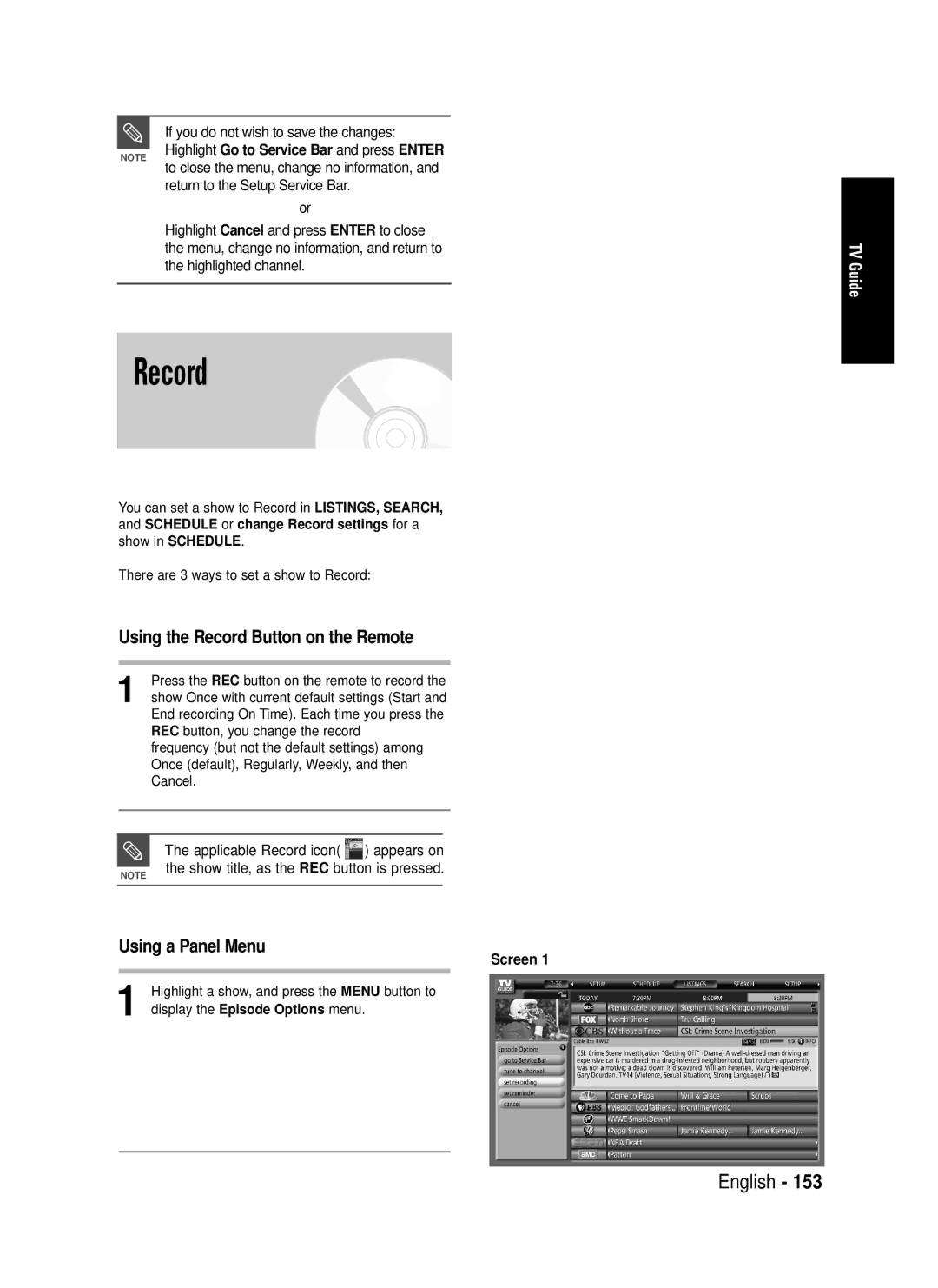 Samsung DVD-HR720 instruction manual Using the Record Button on the Remote, Using a Panel Menu 