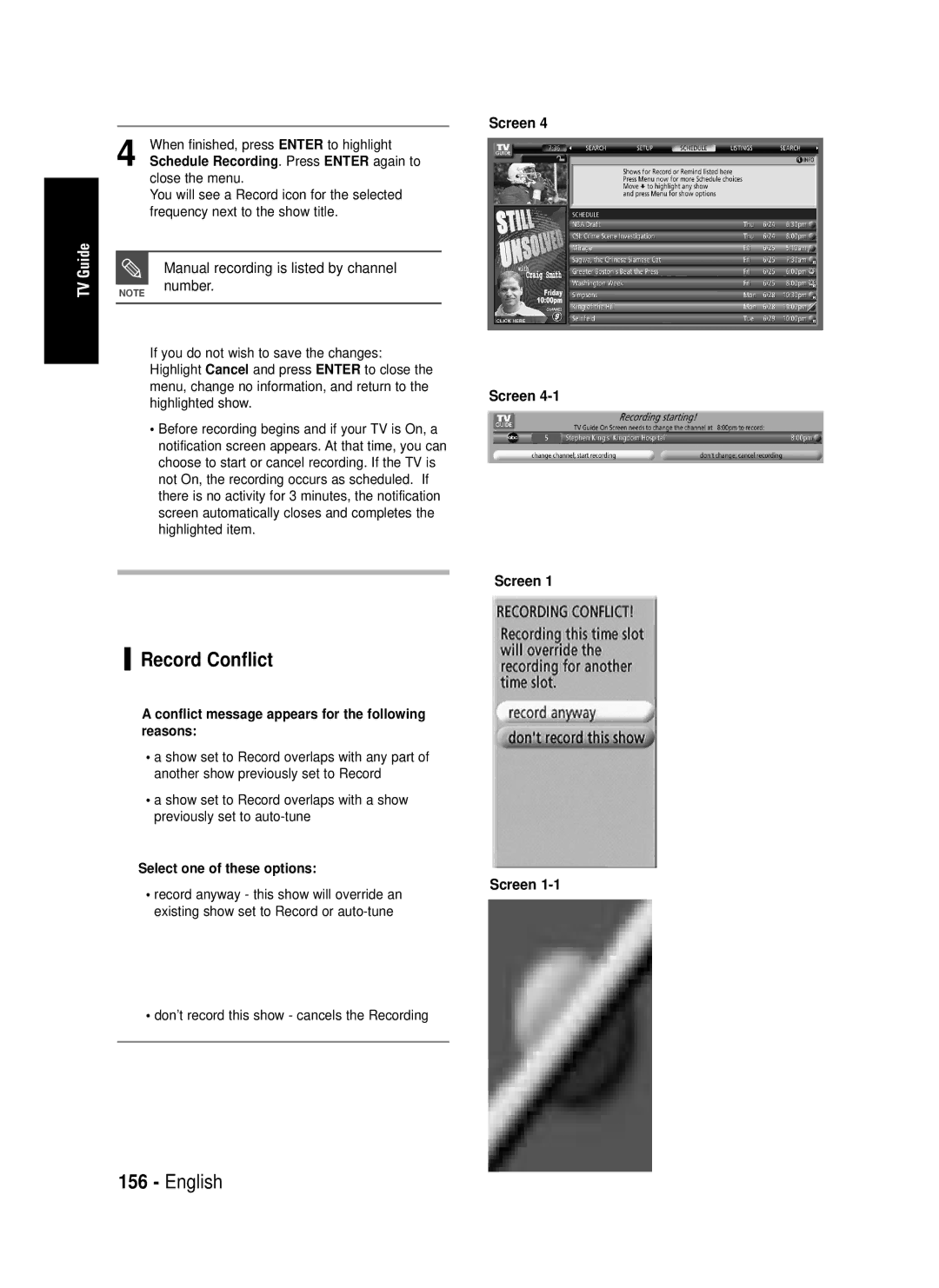 Samsung DVD-HR720 Record Conflict, Manual recording is listed by channel number, When finished, press Enter to highlight 