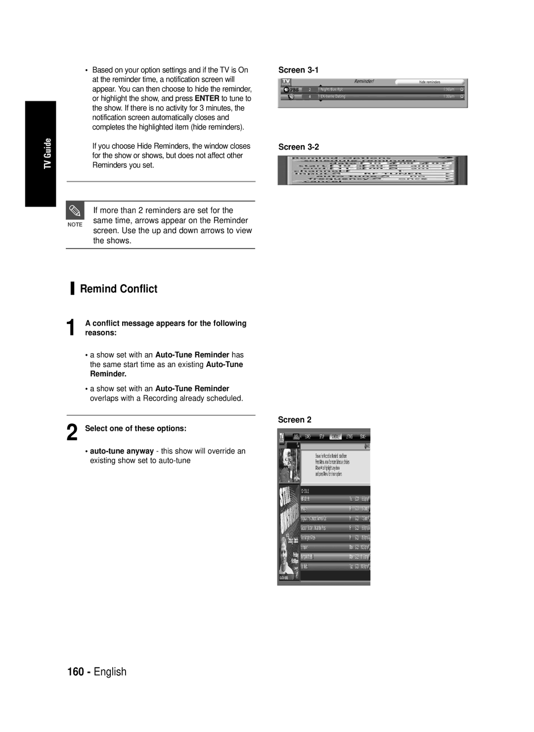 Samsung DVD-HR720 instruction manual Remind Conflict, Screen. Use the up and down arrows to view the shows, Reminder 