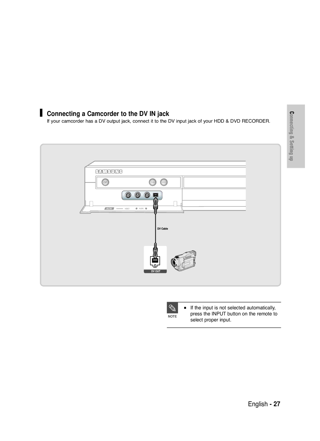 Samsung DVD-HR720 instruction manual Connecting a Camcorder to the DV in jack, If the input is not selected automatically 