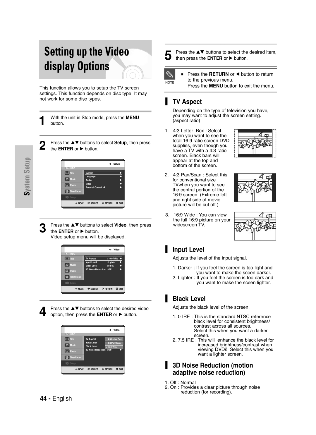 Samsung DVD-HR720 instruction manual TV Aspect, Input Level, Black Level, Button to exit the menu 