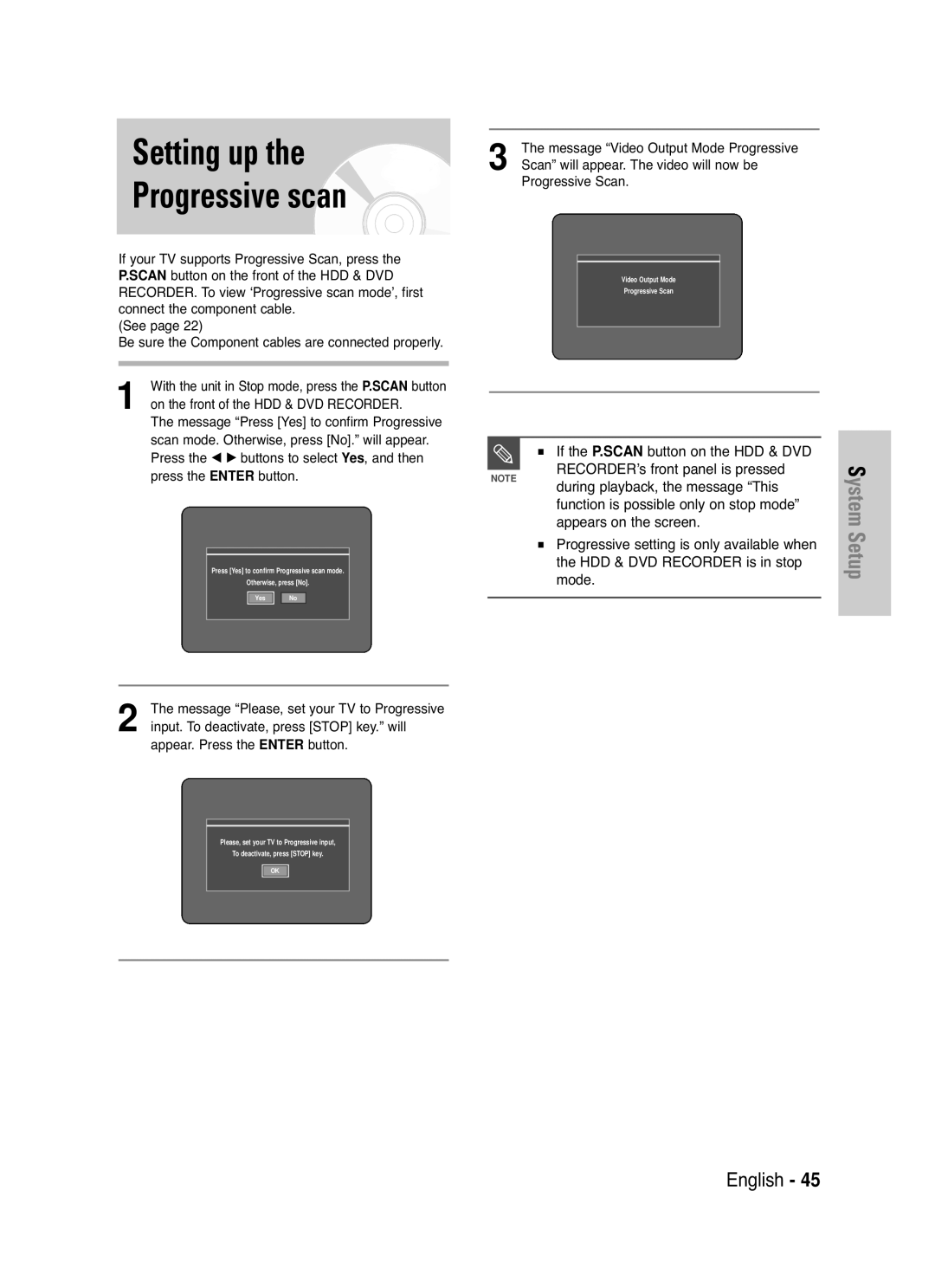 Samsung DVD-HR720 Setting up Progressive scan, During playback, the message This, HDD & DVD Recorder is in stop mode 