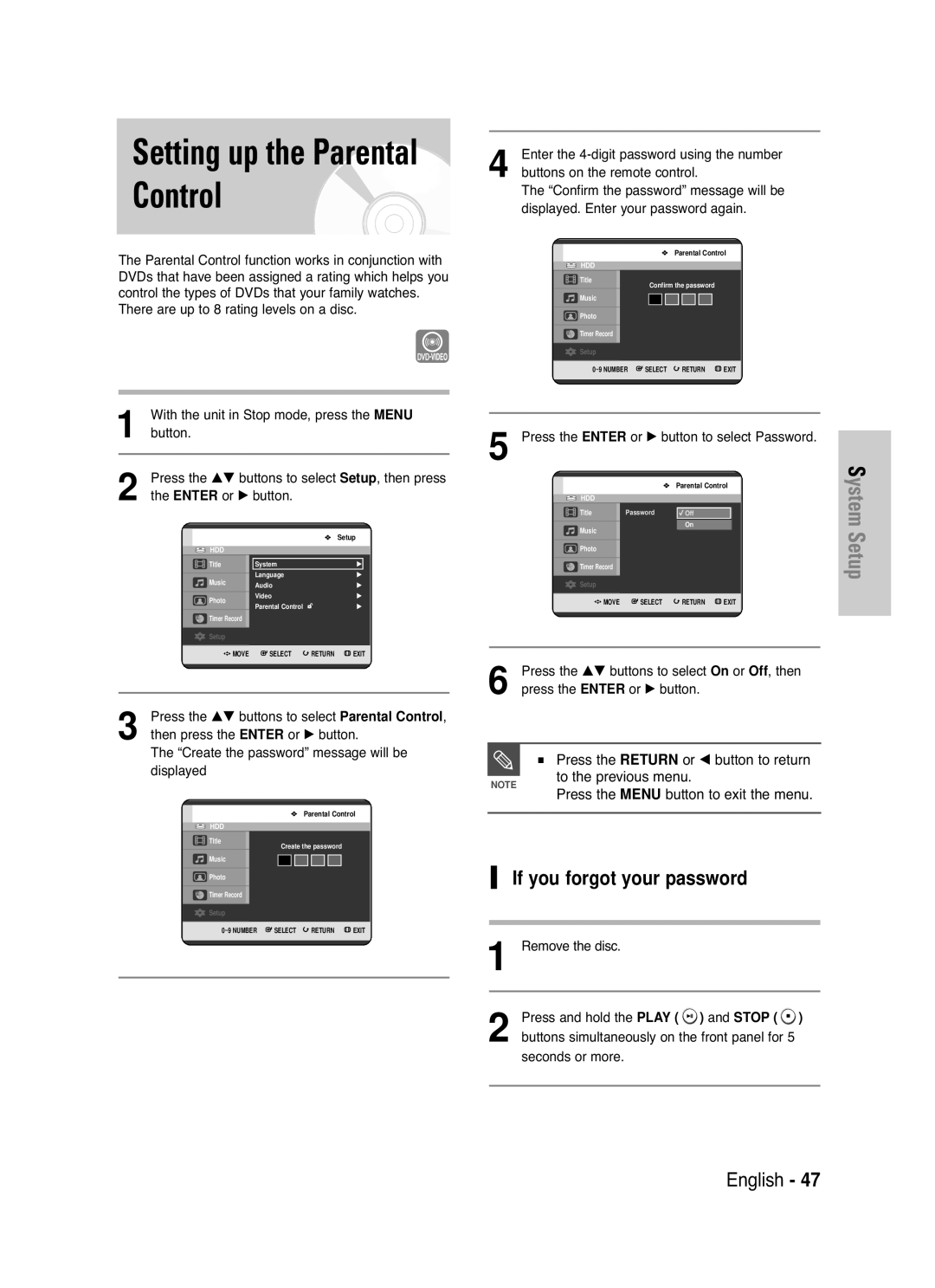 Samsung DVD-HR720 Setting up the Parental Control, If you forgot your password, Press the Menu Button to exit the menu 