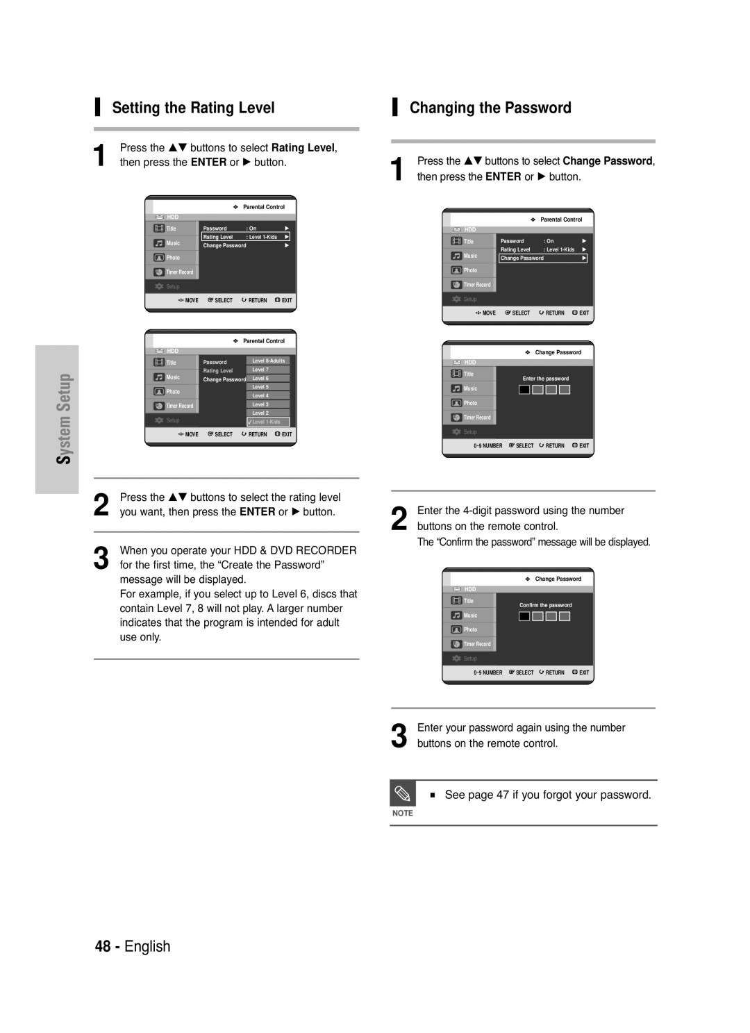 Samsung DVD-HR720 Setting the Rating Level, Changing the Password, See page 47 if you forgot your password 