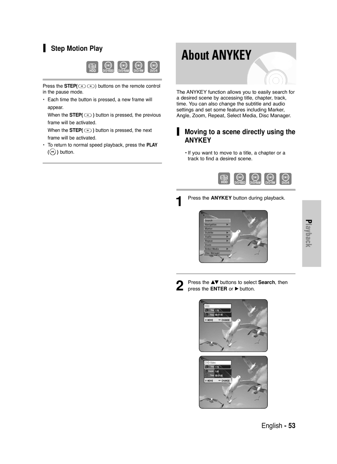 Samsung DVD-HR720 instruction manual About Anykey, Step Motion Play, Moving to a scene directly using 