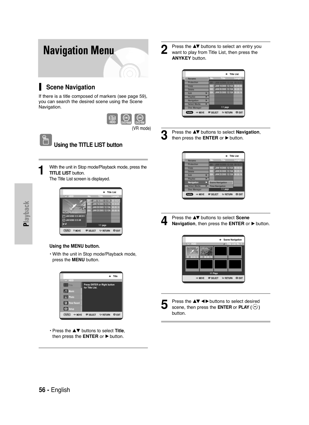 Samsung DVD-HR720 instruction manual Navigation Menu, Scene Navigation, VR mode, Then press the Enter 