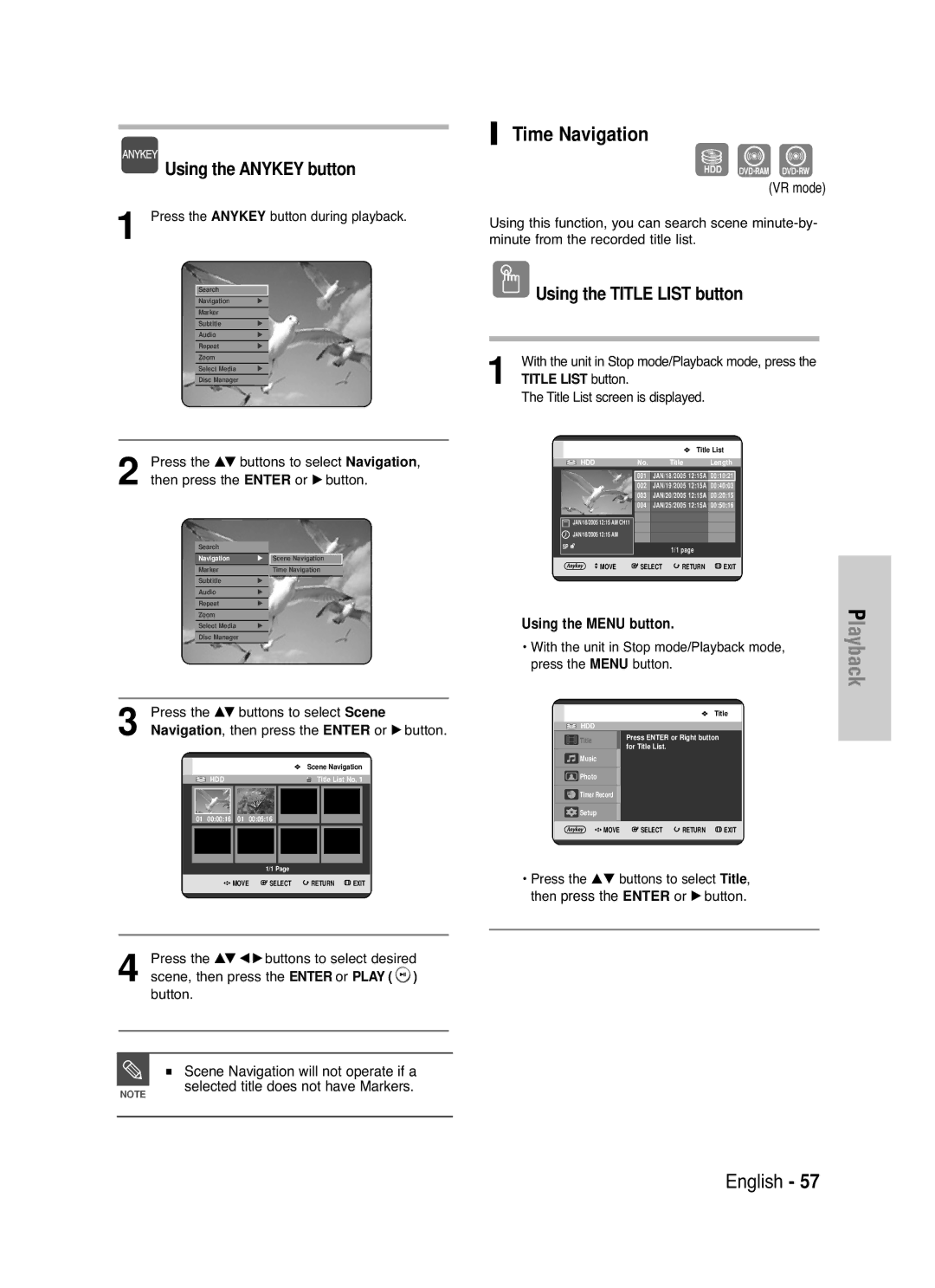 Samsung DVD-HR720 Time Navigation, Using the Anykey button, Press the …† buttons to select Scene, 3Navigation 