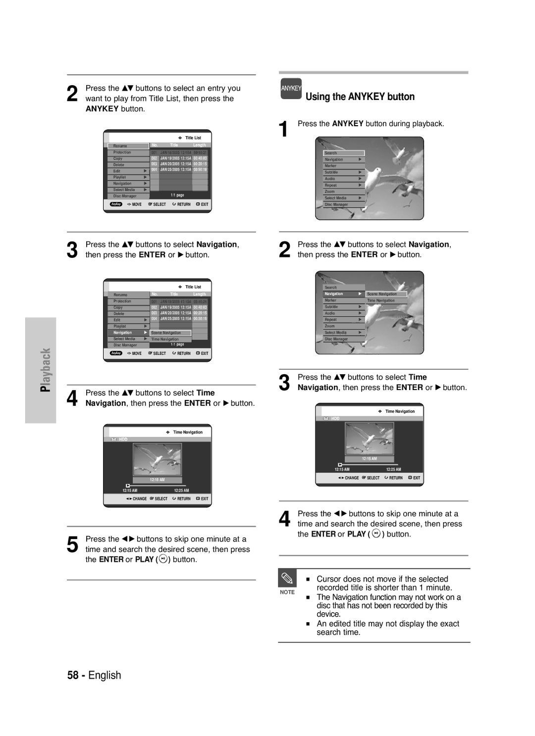 Samsung DVD-HR720 Cursor does not move if the selected, Recorded title is shorter than 1 minute, Device, Search time 