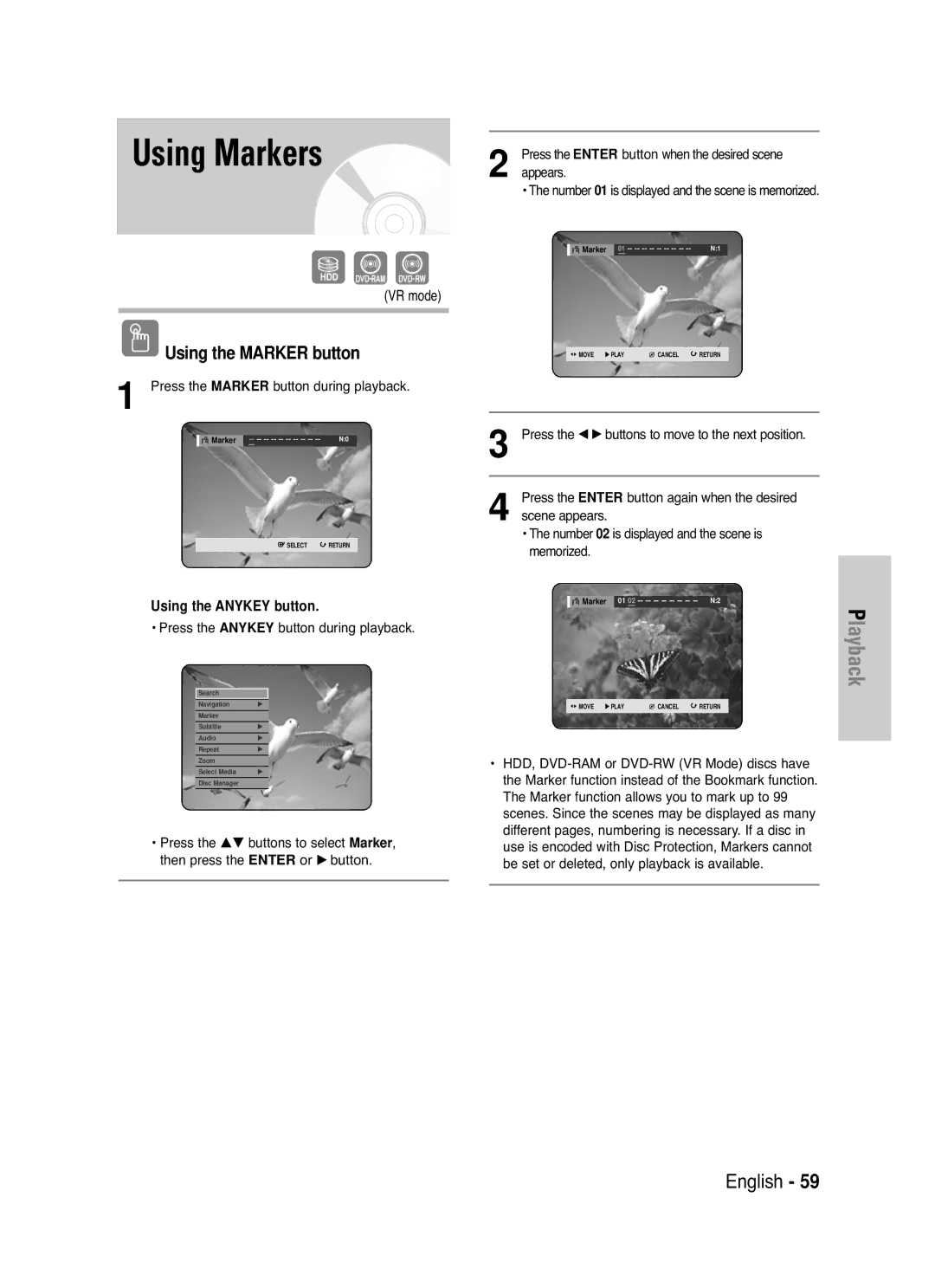 Samsung DVD-HR720 instruction manual Using Markers, Using the Marker button, Using the Anykey button 