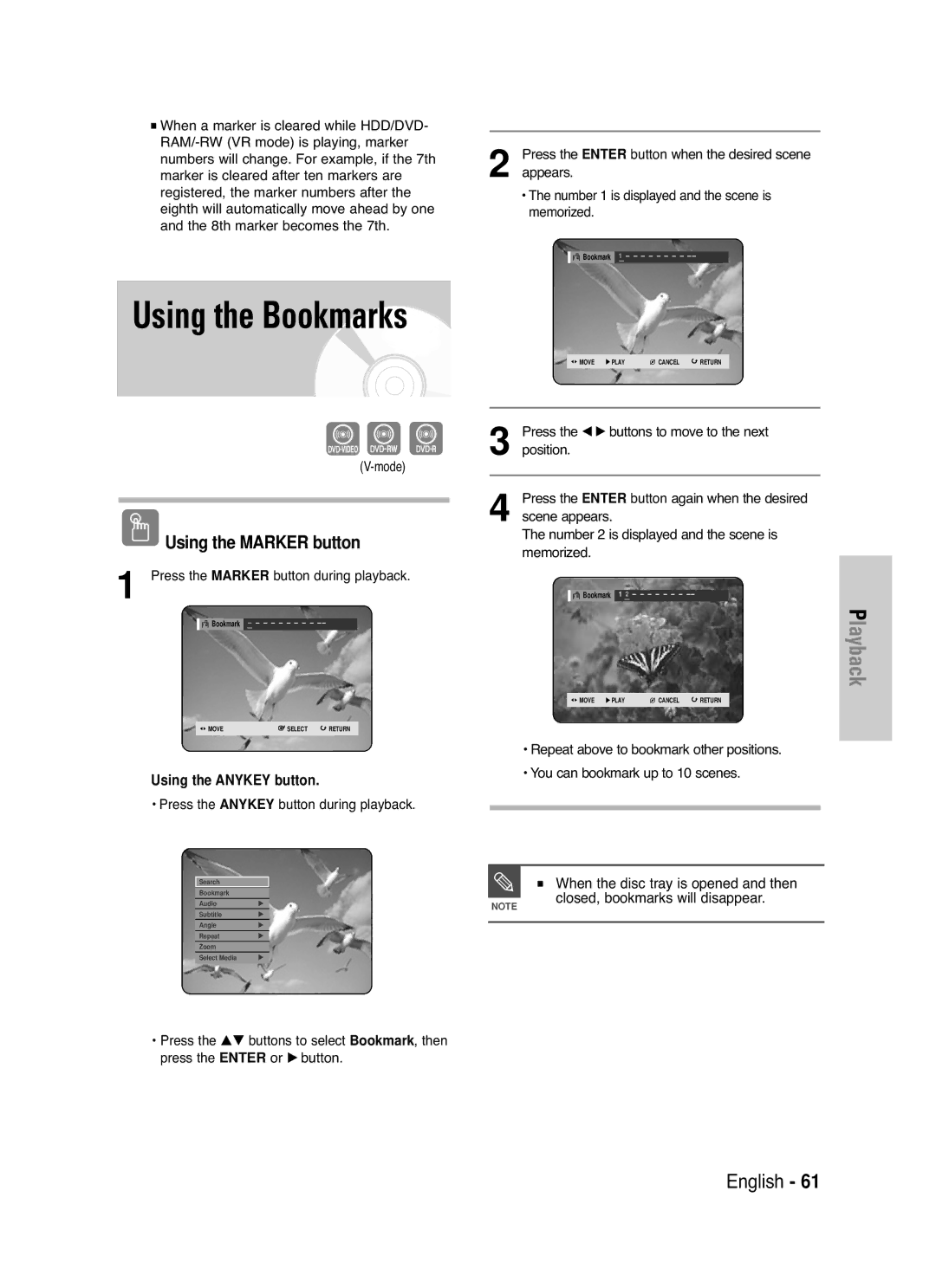 Samsung DVD-HR720 instruction manual When the disc tray is opened and then, Closed, bookmarks will disappear, Mode 