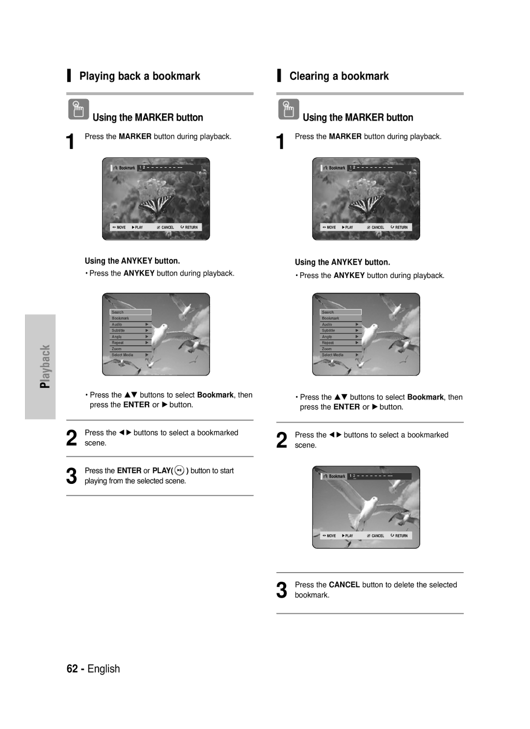 Samsung DVD-HR720 Press the …† buttons to select Bookmark , then, Press the œ √ buttons to select a bookmarked, Scene 