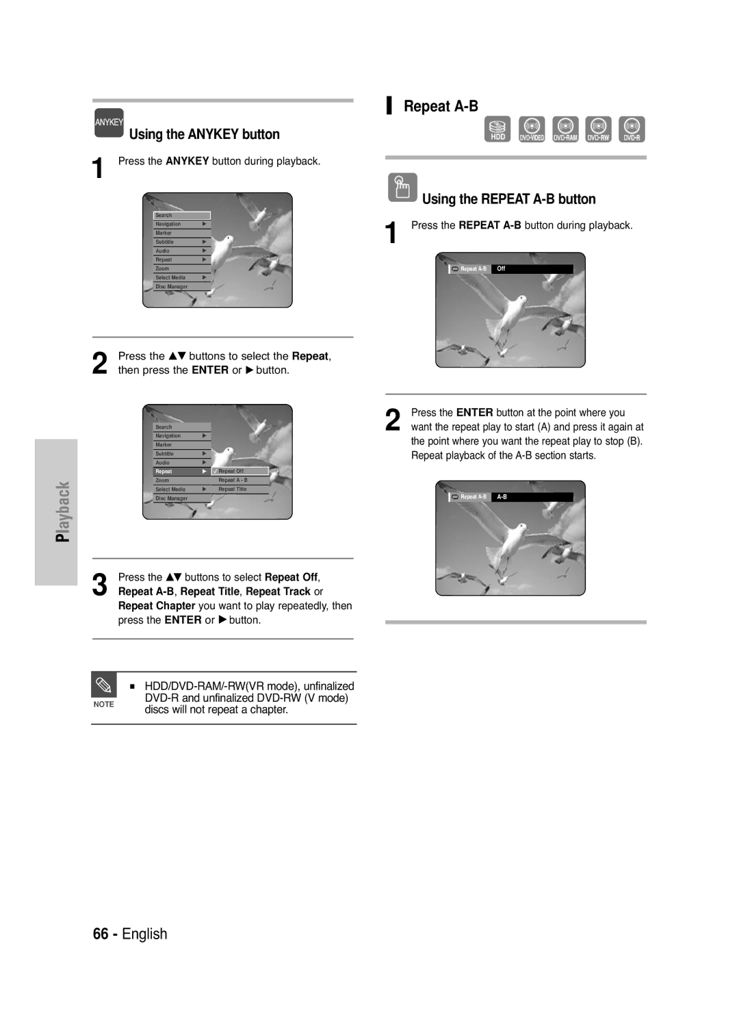 Samsung DVD-HR720 Using the Repeat A-B button, HDD/DVD-RAM/-RWVR mode, unfinalized, Discs will not repeat a chapter 