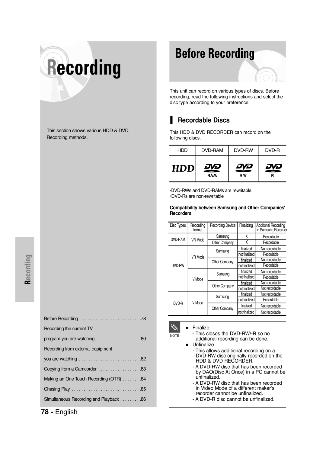 Samsung DVD-HR720 Before Recording, Recordable Discs, Finalize, Unfinalize, DVD-R disc cannot be unfinalized 