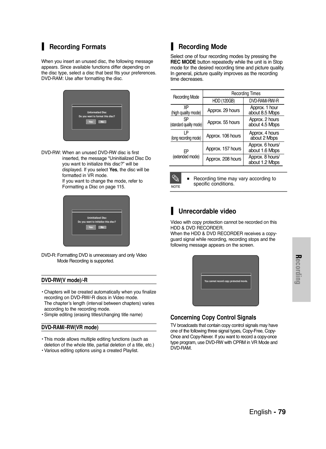 Samsung DVD-HR720 instruction manual Recording Formats, Recording Mode, Unrecordable video, Concerning Copy Control Signals 