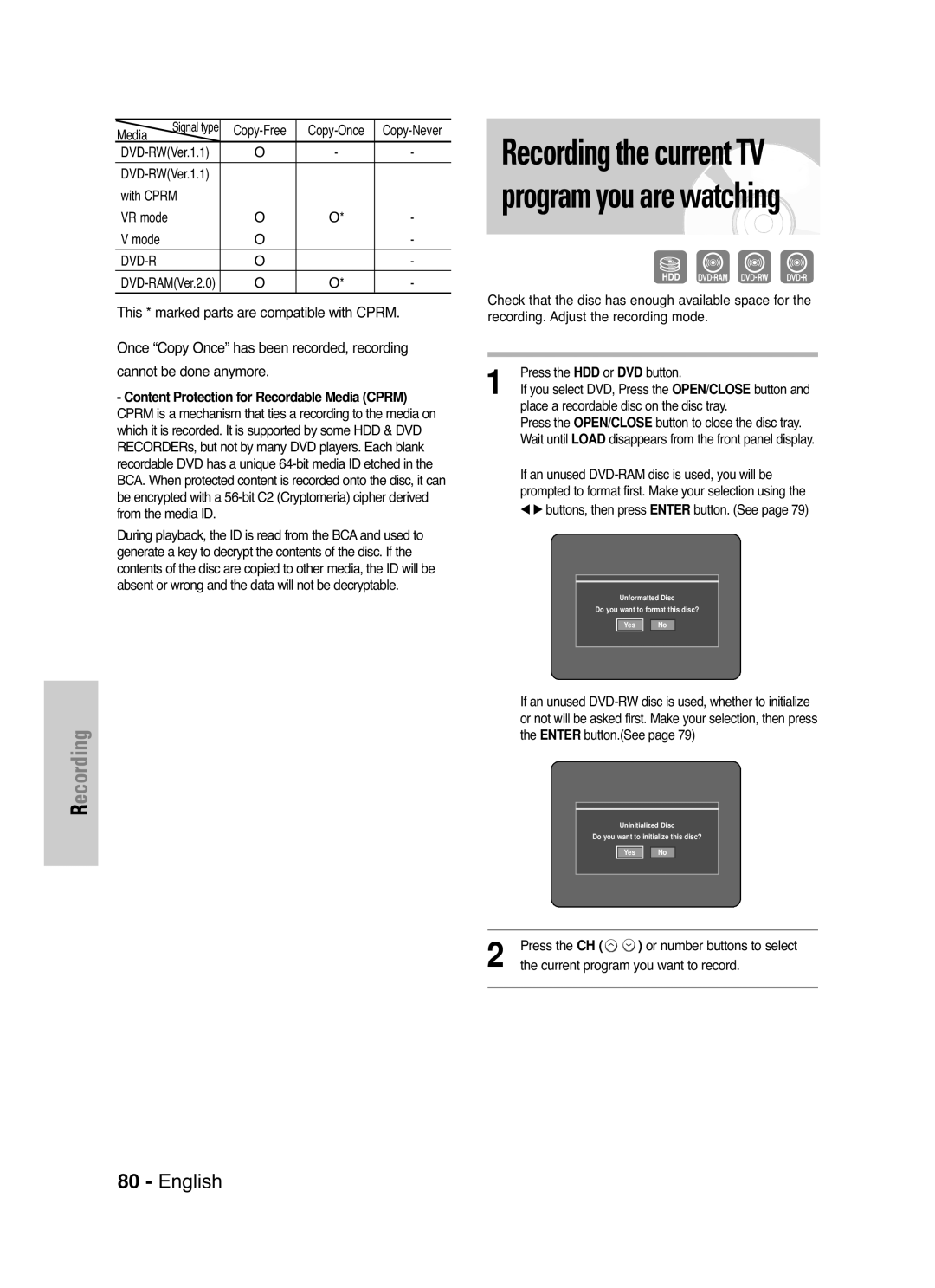 Samsung DVD-HR720 instruction manual Content Protection for Recordable Media Cprm 