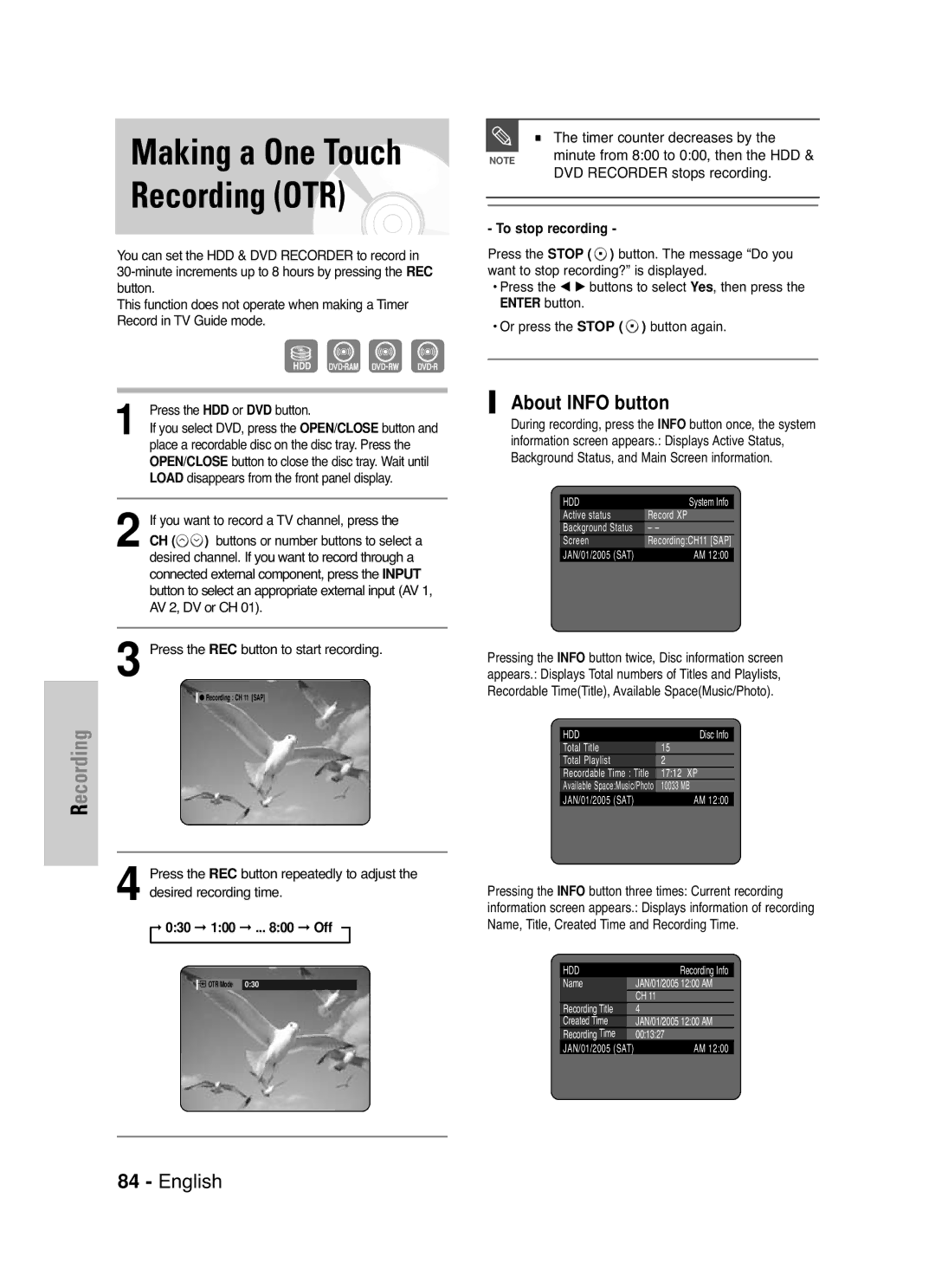 Samsung DVD-HR720 instruction manual Making a One Touch Recording OTR, About Info button, Timer counter decreases by 