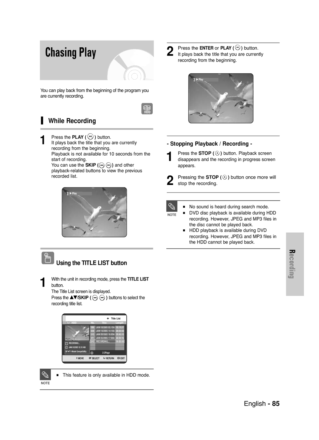 Samsung DVD-HR720 instruction manual Chasing Play, While Recording, Stopping Playback / Recording 