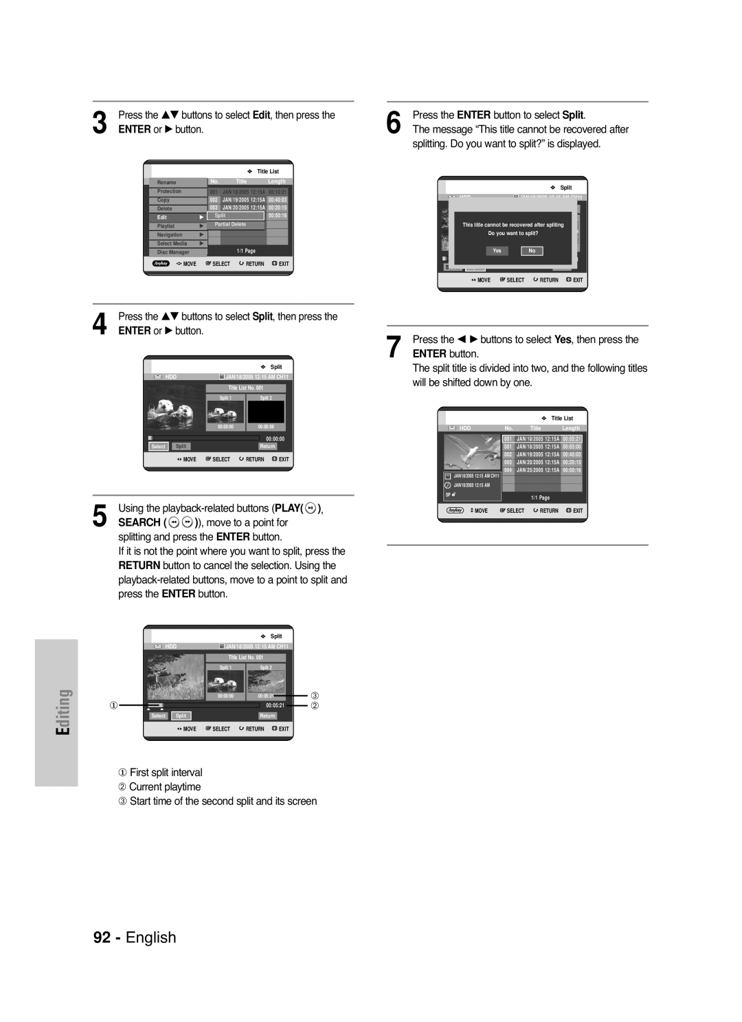 Samsung DVD-HR720 instruction manual Press the Enter button to select Split, Splitting. Do you want to split? is displayed 