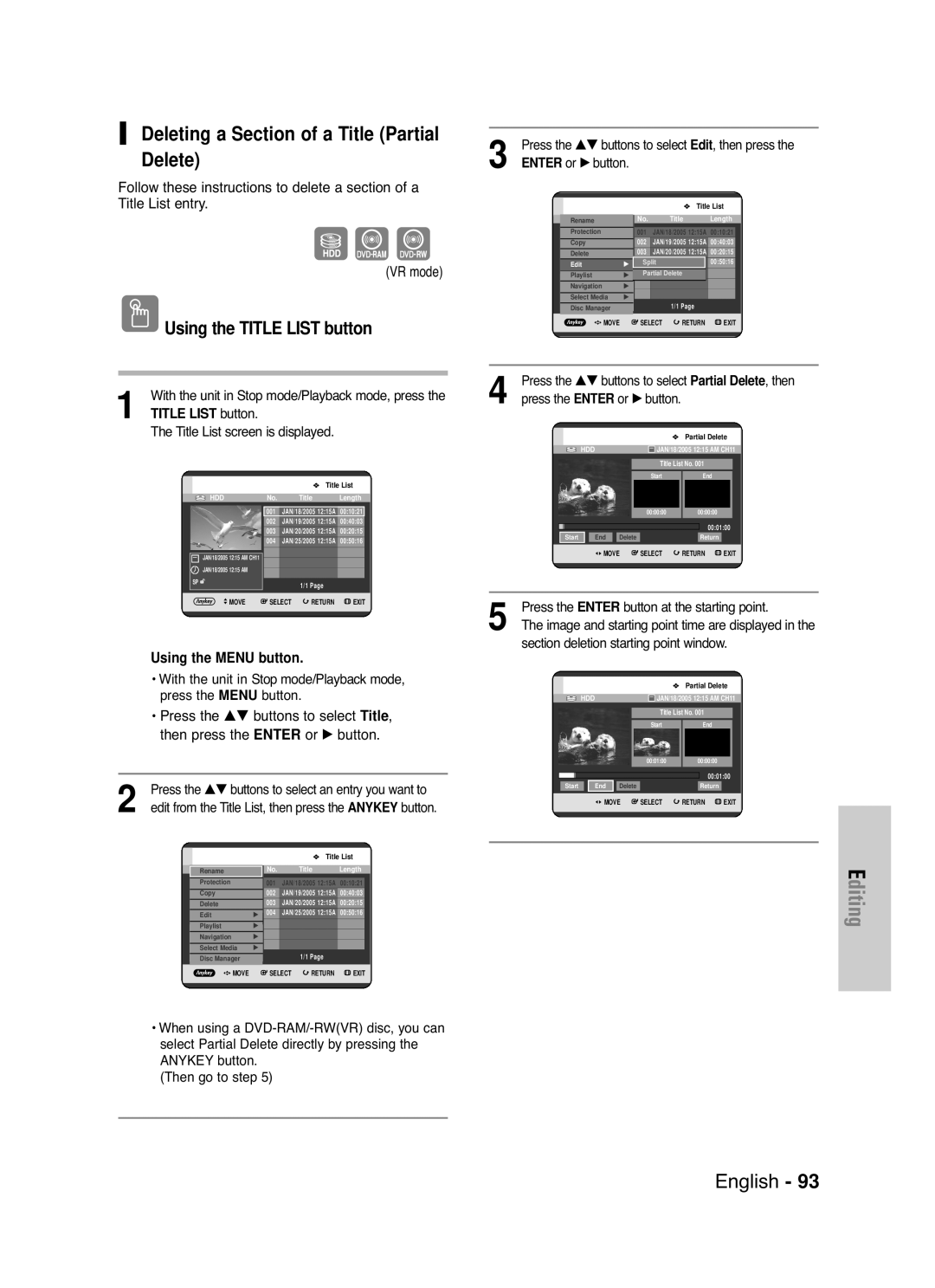 Samsung DVD-HR720 instruction manual Deleting a Section of a Title Partial Delete, Button at the starting point 