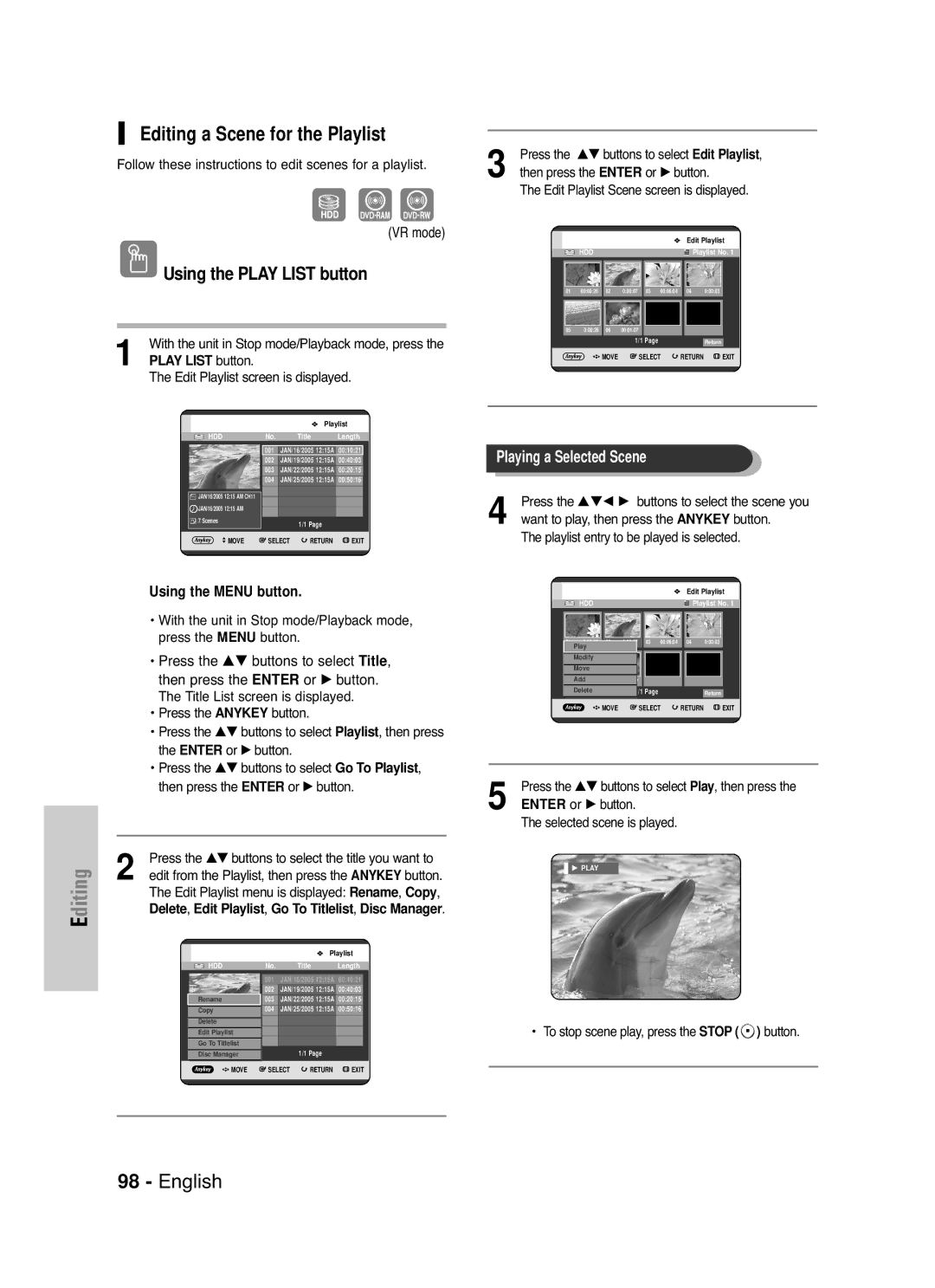 Samsung DVD-HR720 instruction manual Editing a Scene for the Playlist 