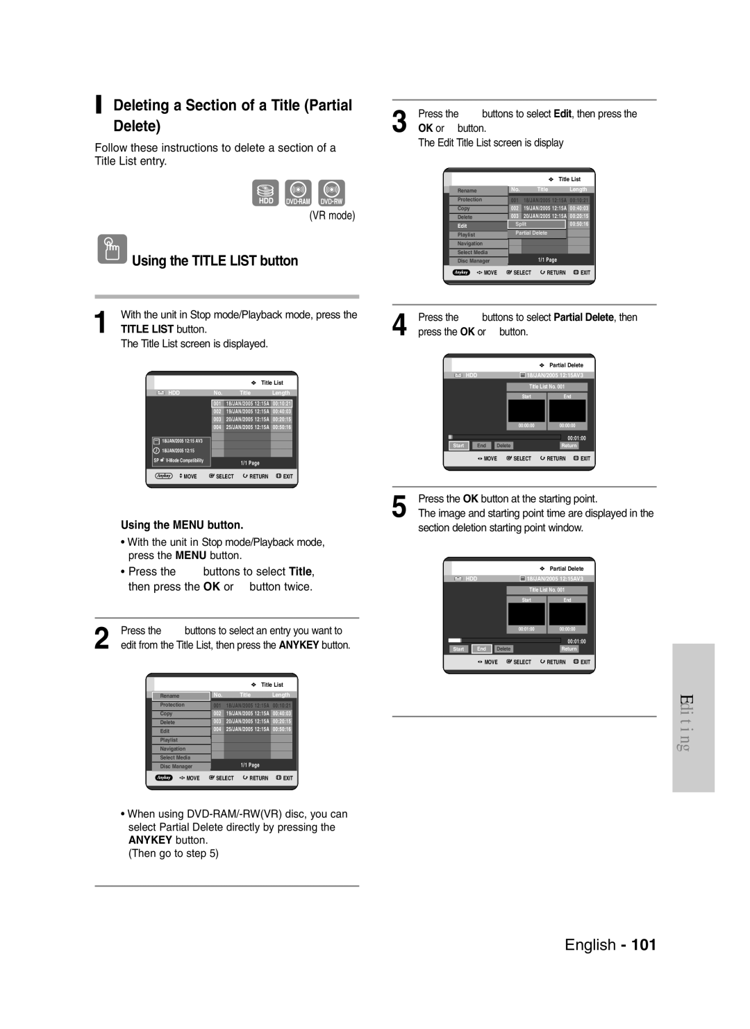 Samsung DVD-HR720/XEF, DVD-HR720P manual Deleting a Section of a Title Partial Delete, Edit Title List screen is display 