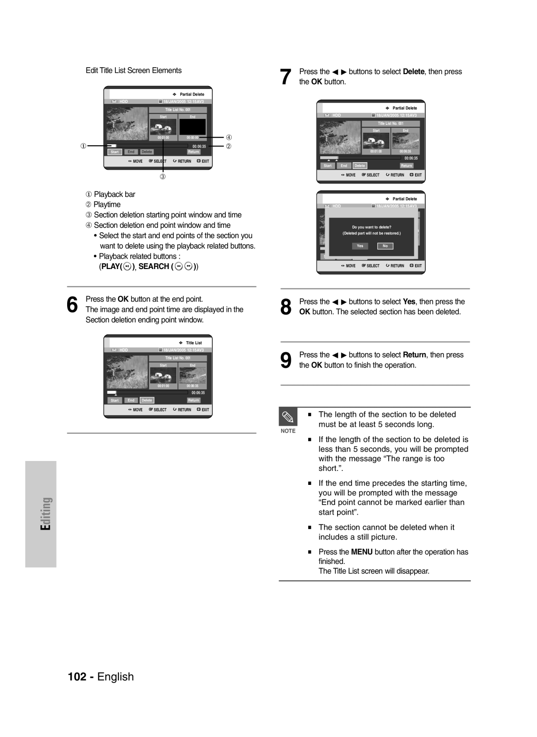 Samsung DVD-HR720P manual Play , Search, Press the OK button at the end point, Image and end point time are displayed 