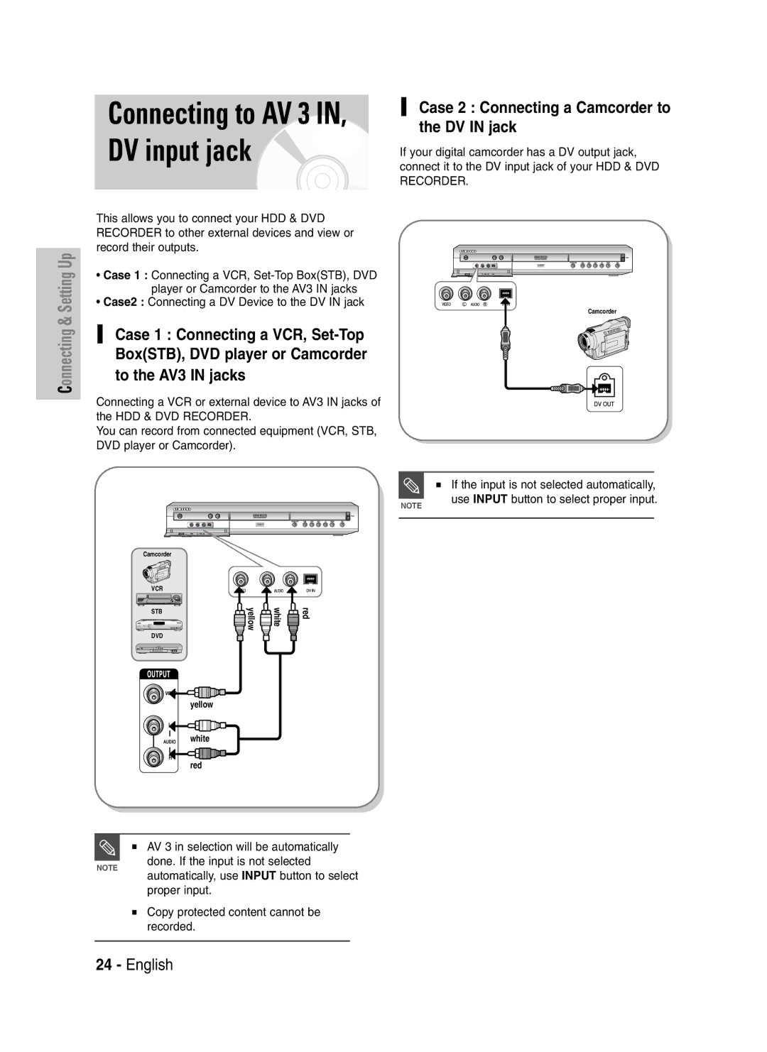 Samsung DVD-HR720P manual Case 2 Connecting a Camcorder to the DV in jack, Case2 Connecting a DV Device to the DV in jack 