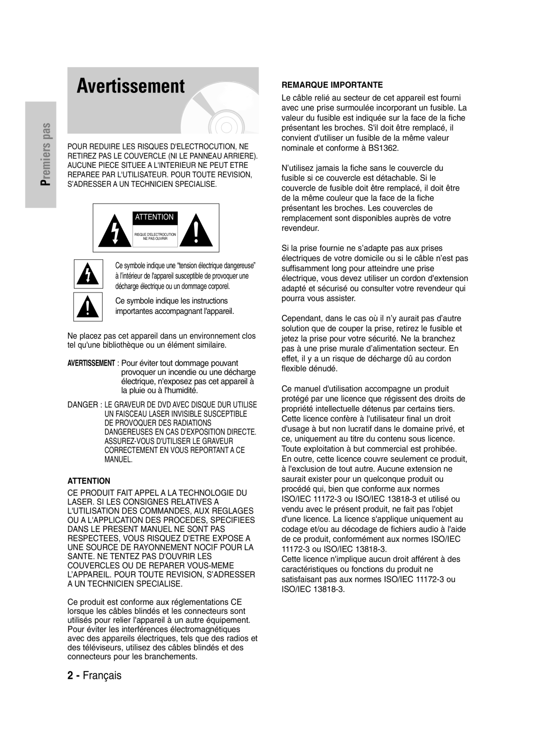 Samsung DVD-HR720/XEF, DVD-HR720P manual Avertissement, Premiers pas, Ce symbole indique une tension électrique dangereuse 