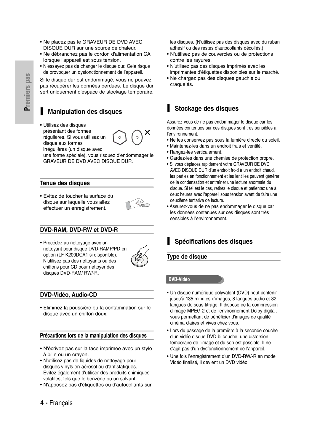 Samsung DVD-HR720/XEF, DVD-HR720P manual Manipulation des disques, Stockage des disques, Spécifications des disques 