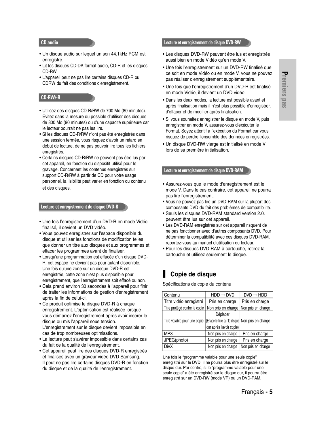 Samsung DVD-HR720P Copie de disque, Spécifications de copie du contenu Contenu, Titre vidéo enregistré, Pris en charge 