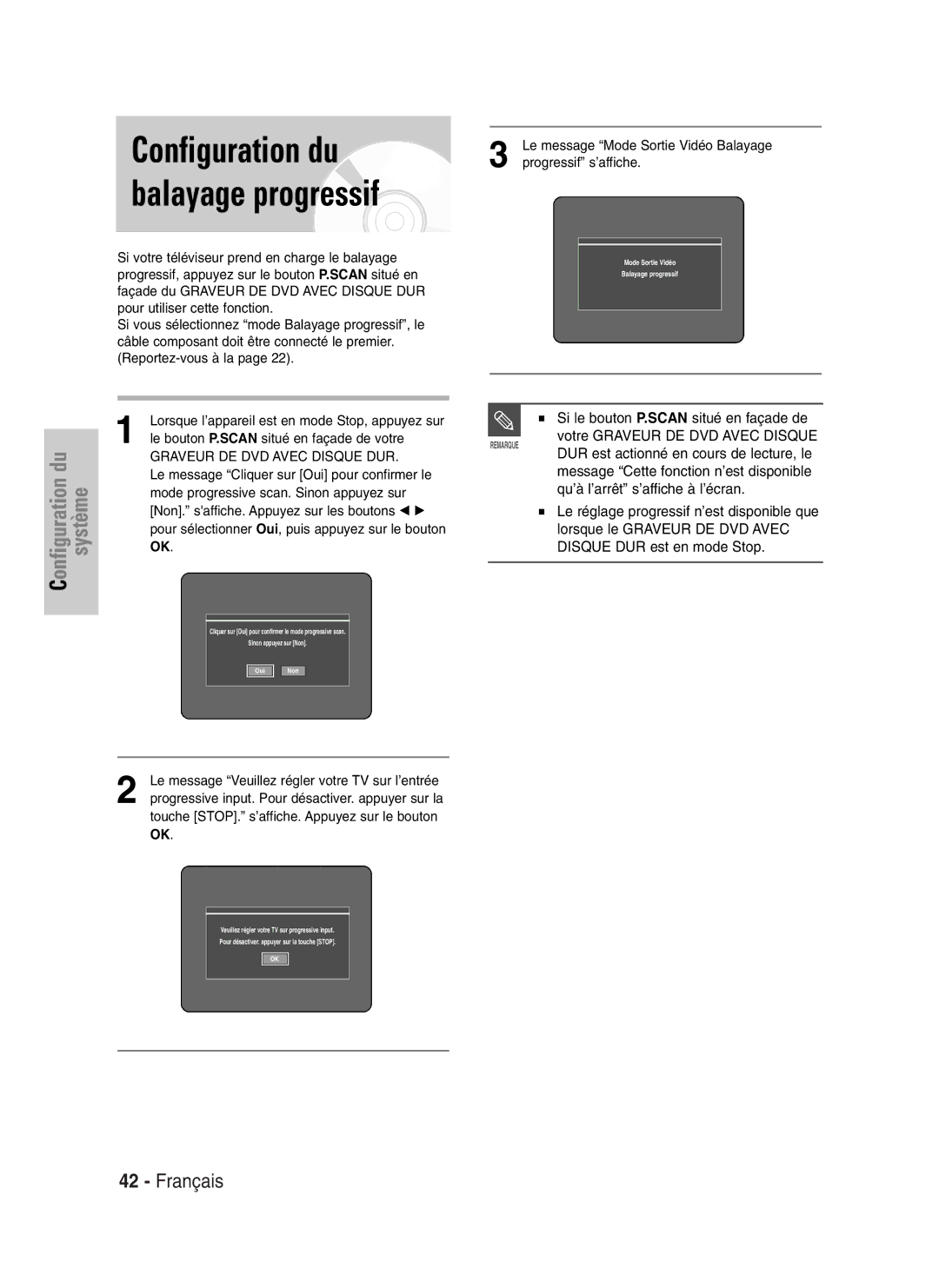 Samsung DVD-HR720/XEF, DVD-HR720P manual Configuration du balayage progressif, Si le bouton P.SCAN situé en façade de 