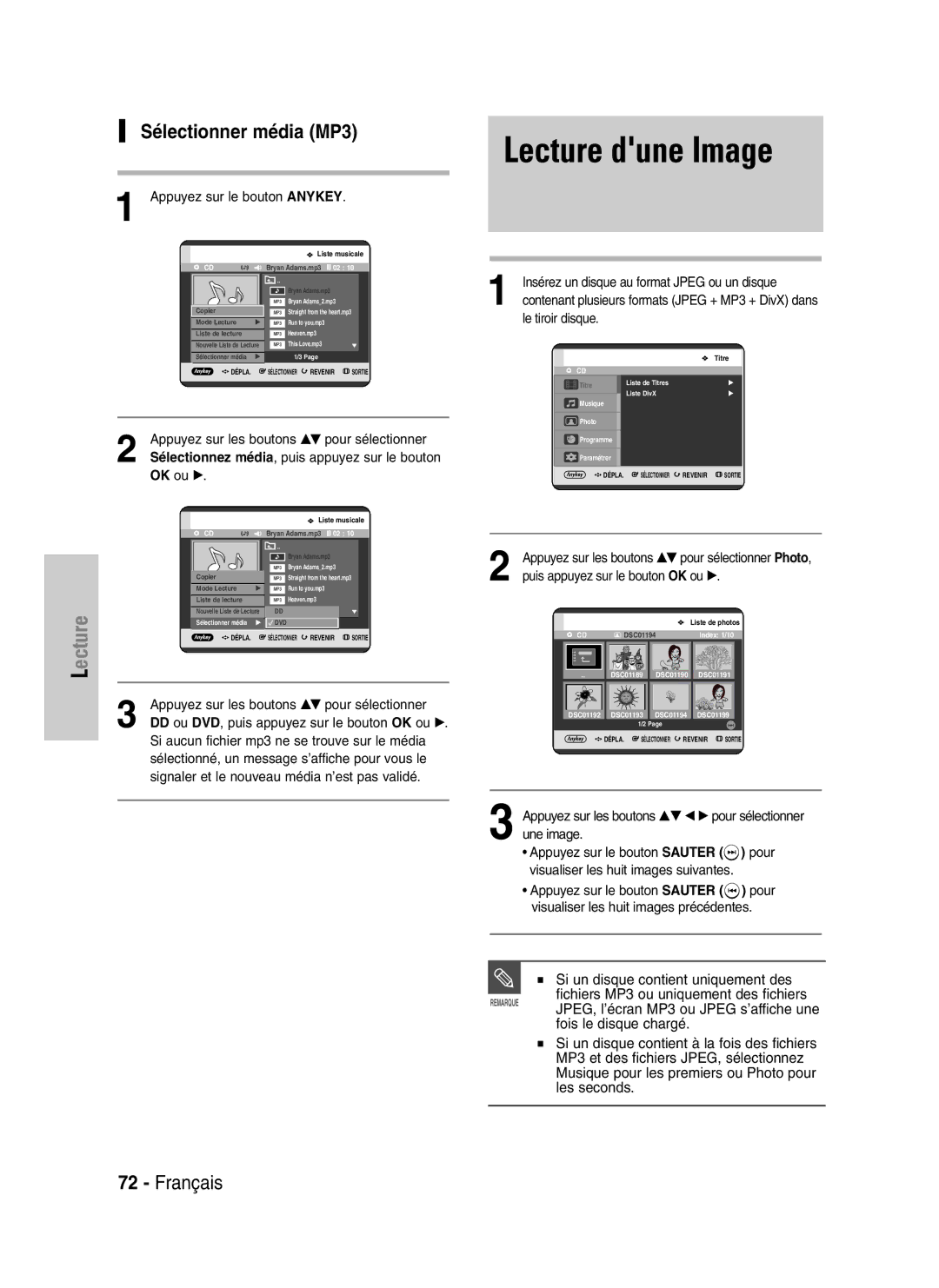 Samsung DVD-HR720/XEF manual Lecture dune Image, Sélectionner média MP3, Insérez un disque au format Jpeg ou un disque 