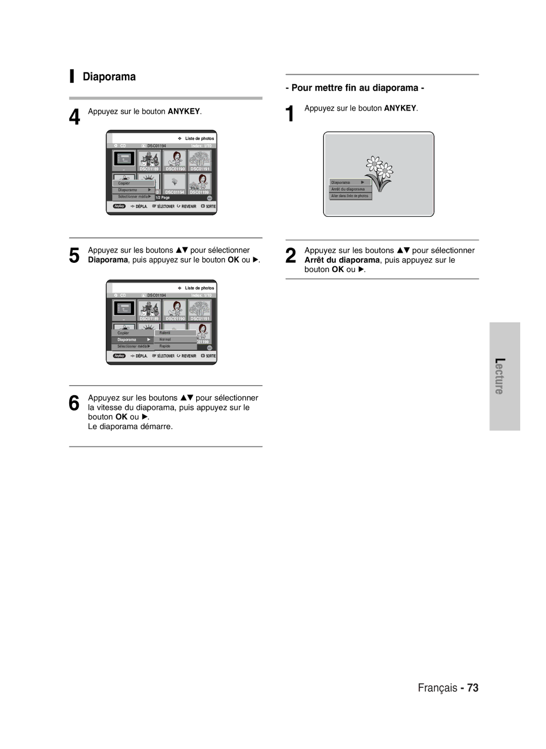 Samsung DVD-HR720P, DVD-HR720/XEF manual Pour mettre fin au diaporama, Diaporama, puis appuyez sur le bouton OK ou √ 