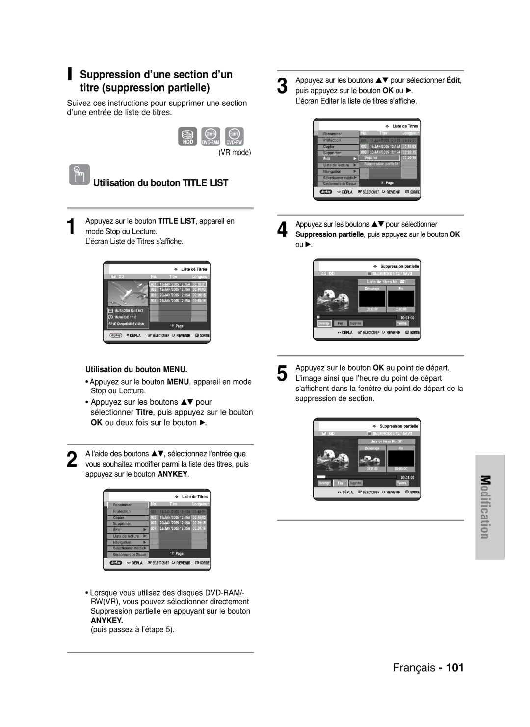 Samsung DVD-HR720P Suppression d’une section d’un titre suppression partielle, Puis appuyez sur le bouton OK ou √, Ou √ 