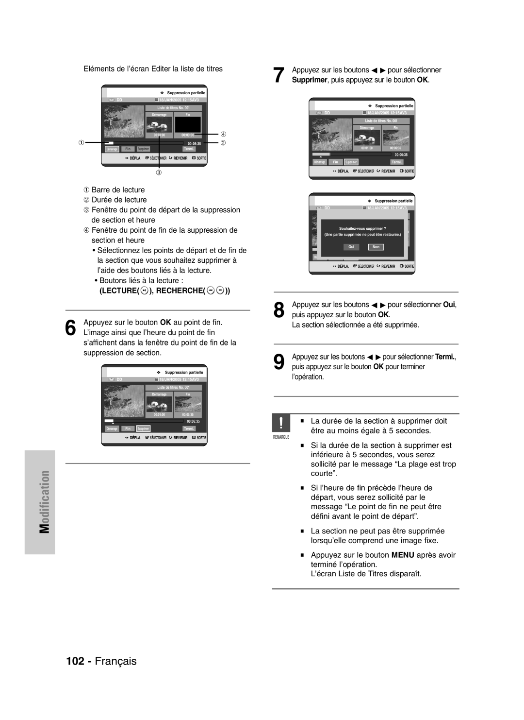 Samsung DVD-HR720/XEF, DVD-HR720P Eléments de l’écran Editer la liste de titres, Appuyez sur le bouton OK au point de fin 