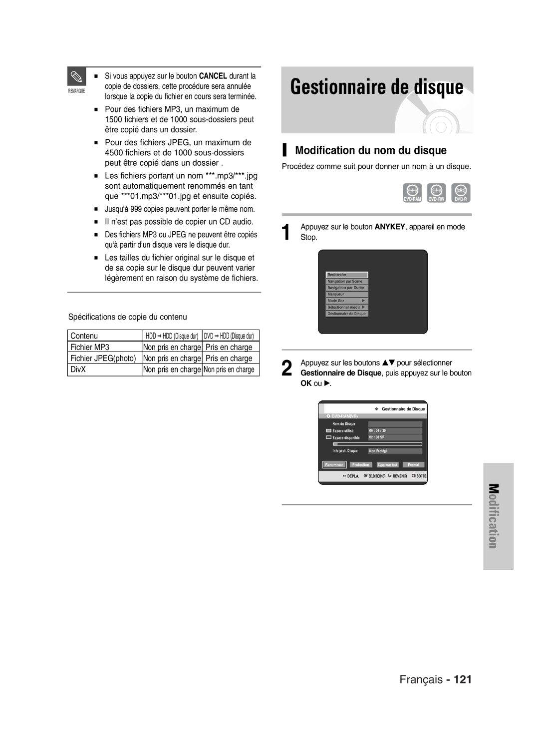 Samsung DVD-HR720P, DVD-HR720/XEF manual Modification du nom du disque 