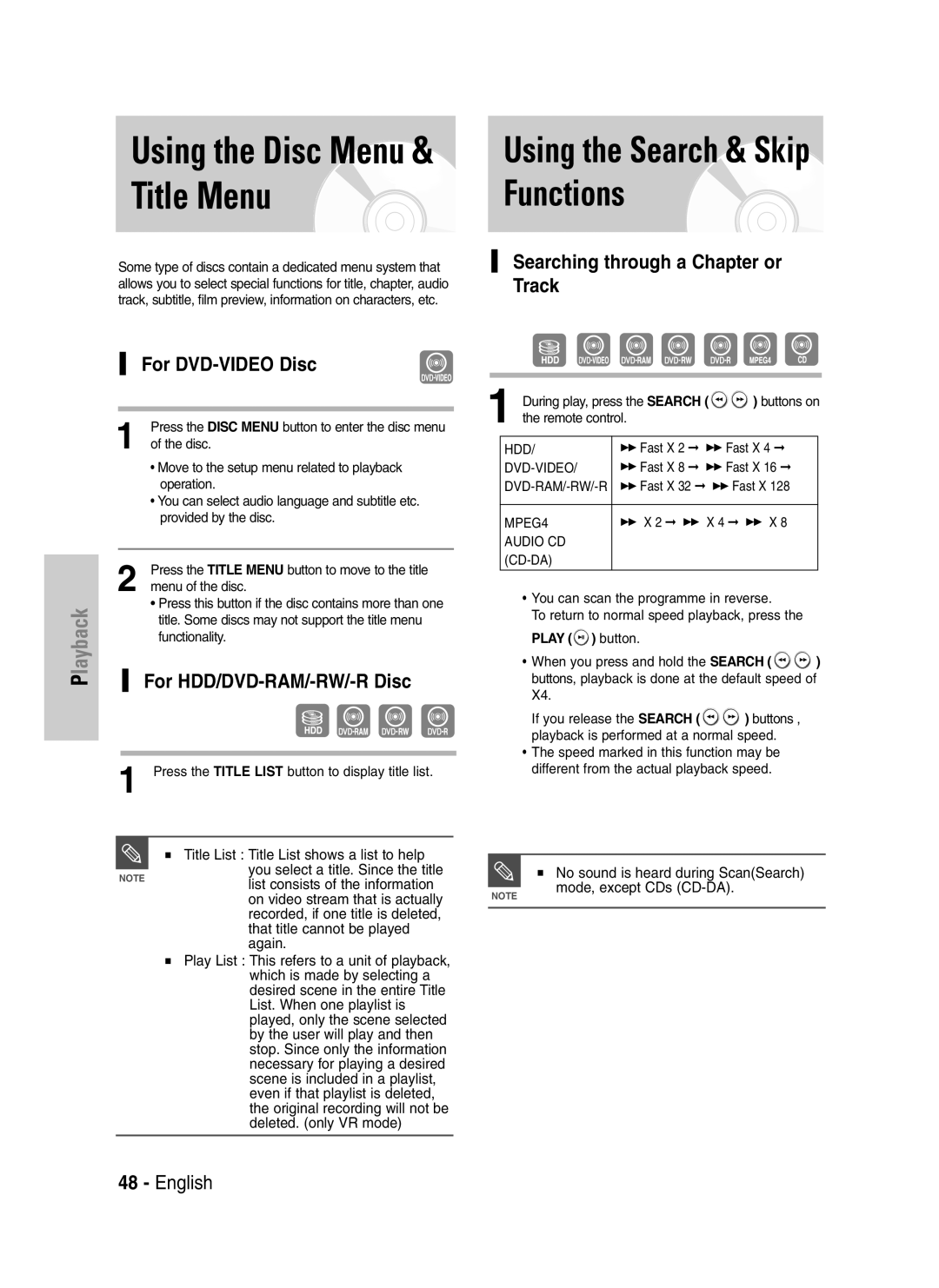 Samsung DVD-HR720P Title Menu, Functions, Using the Search & Skip, Searching through a Chapter or Track For DVD-VIDEO Disc 